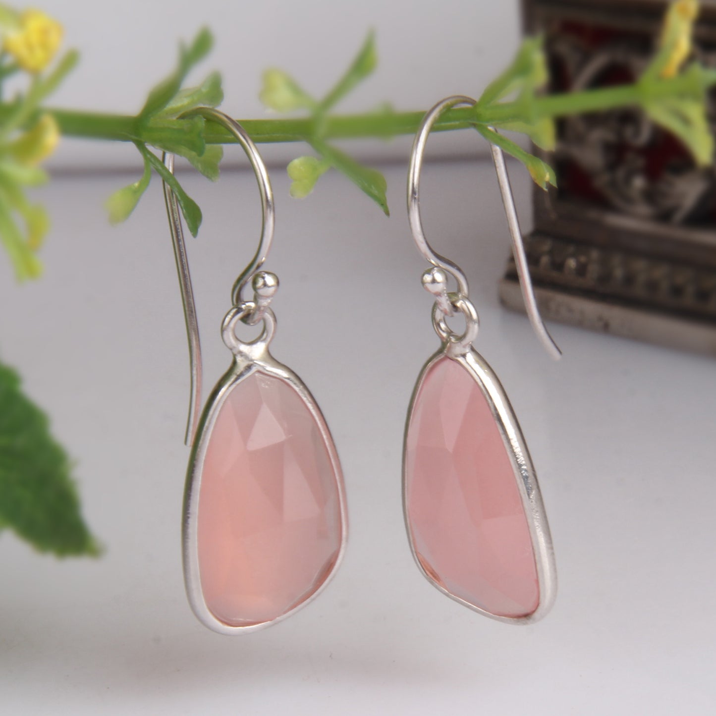 Rose Chalcedony White Rhodium 925 Quality Hook Dangle Earrings