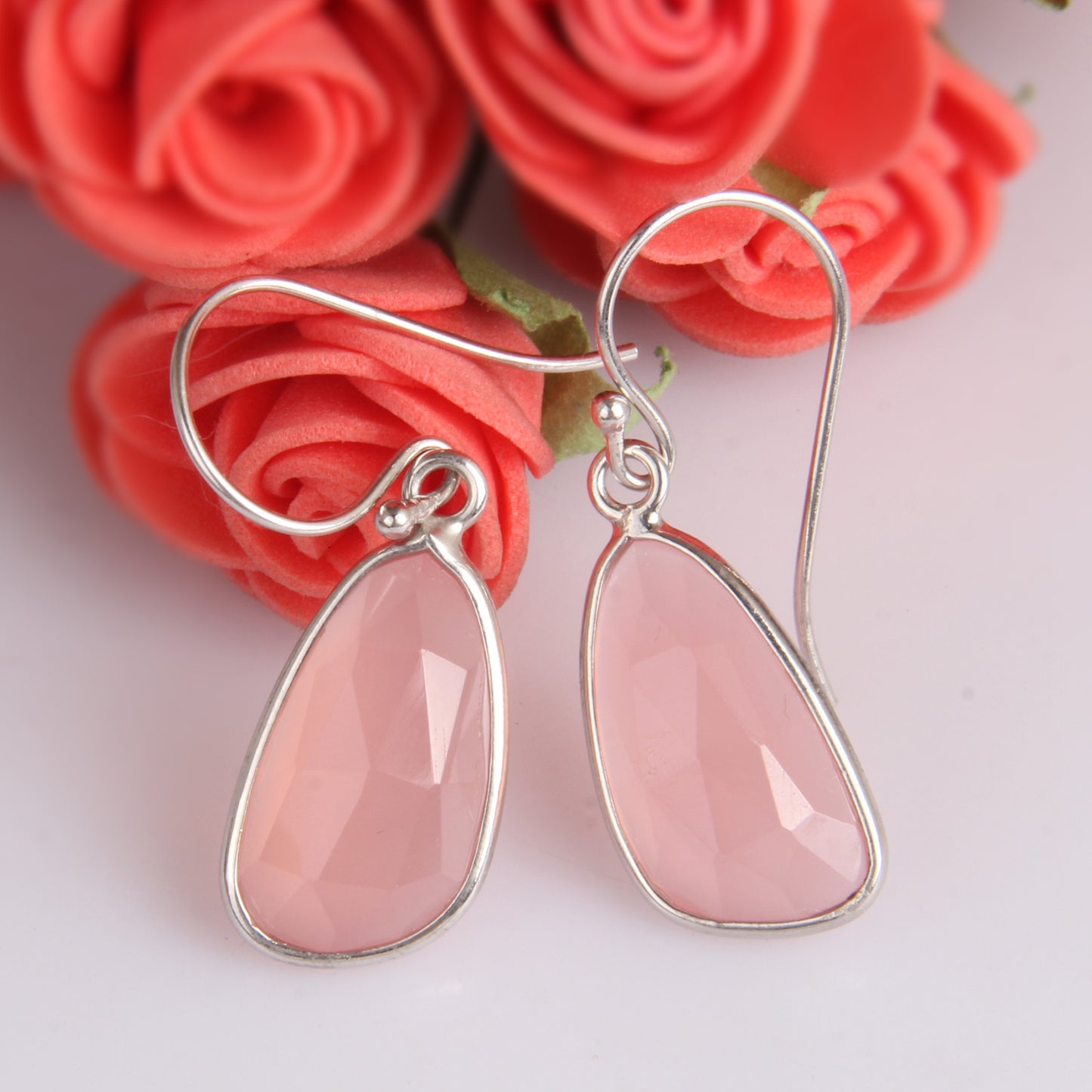 Rose Chalcedony White Rhodium 925 Quality Hook Dangle Earrings