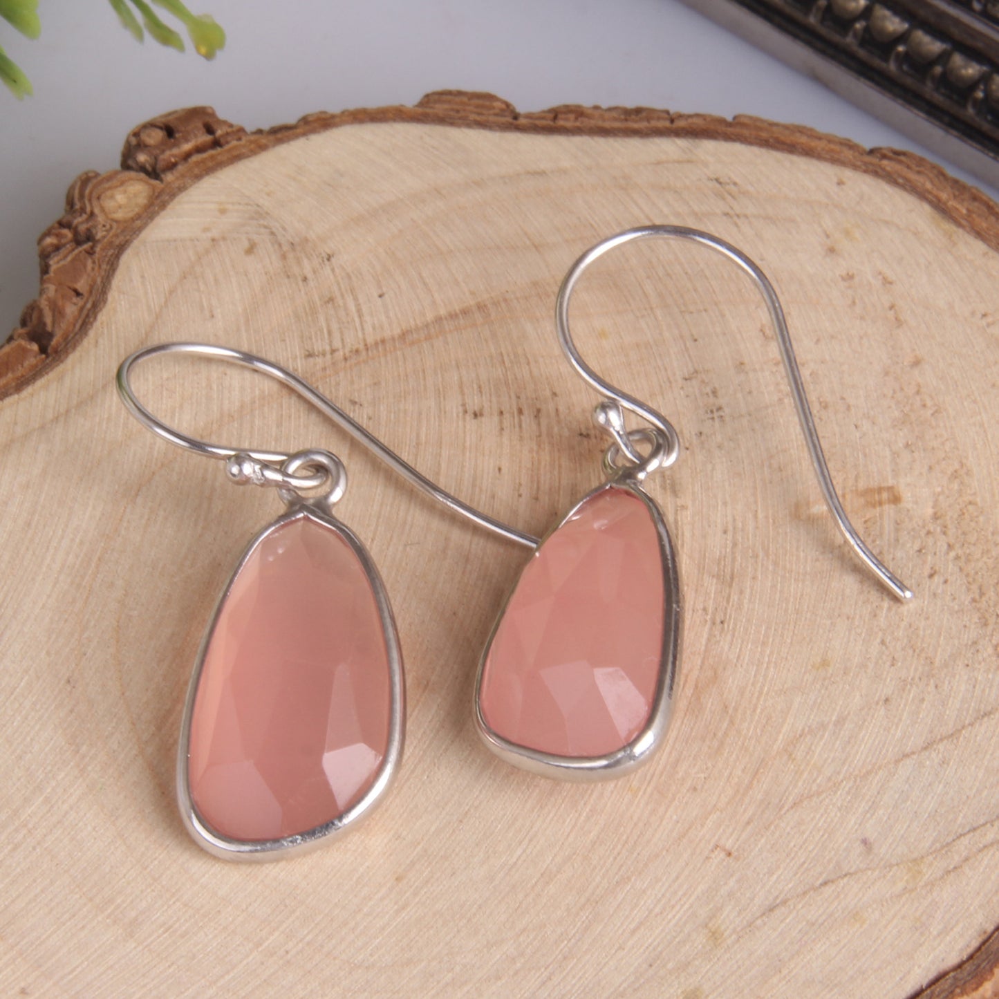 Rose Chalcedony White Rhodium 925 Quality Hook Dangle Earrings