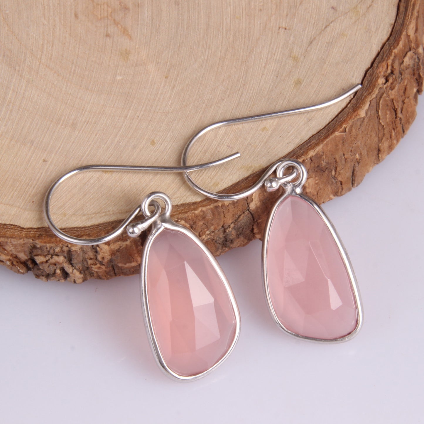 Rose Chalcedony White Rhodium 925 Quality Hook Dangle Earrings