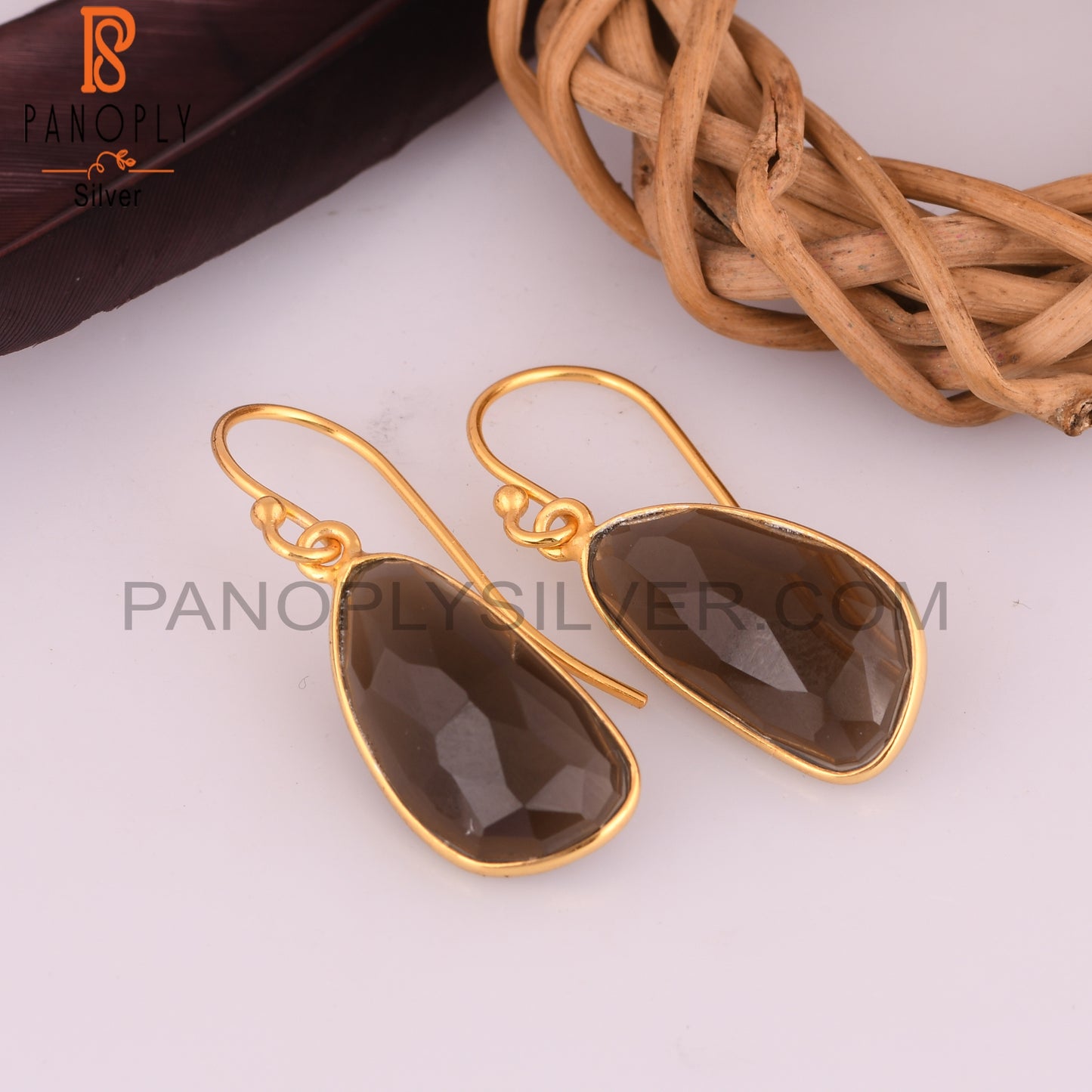 Natural Smoky Quartz Hook Earrings With Gold Plated Jewelry