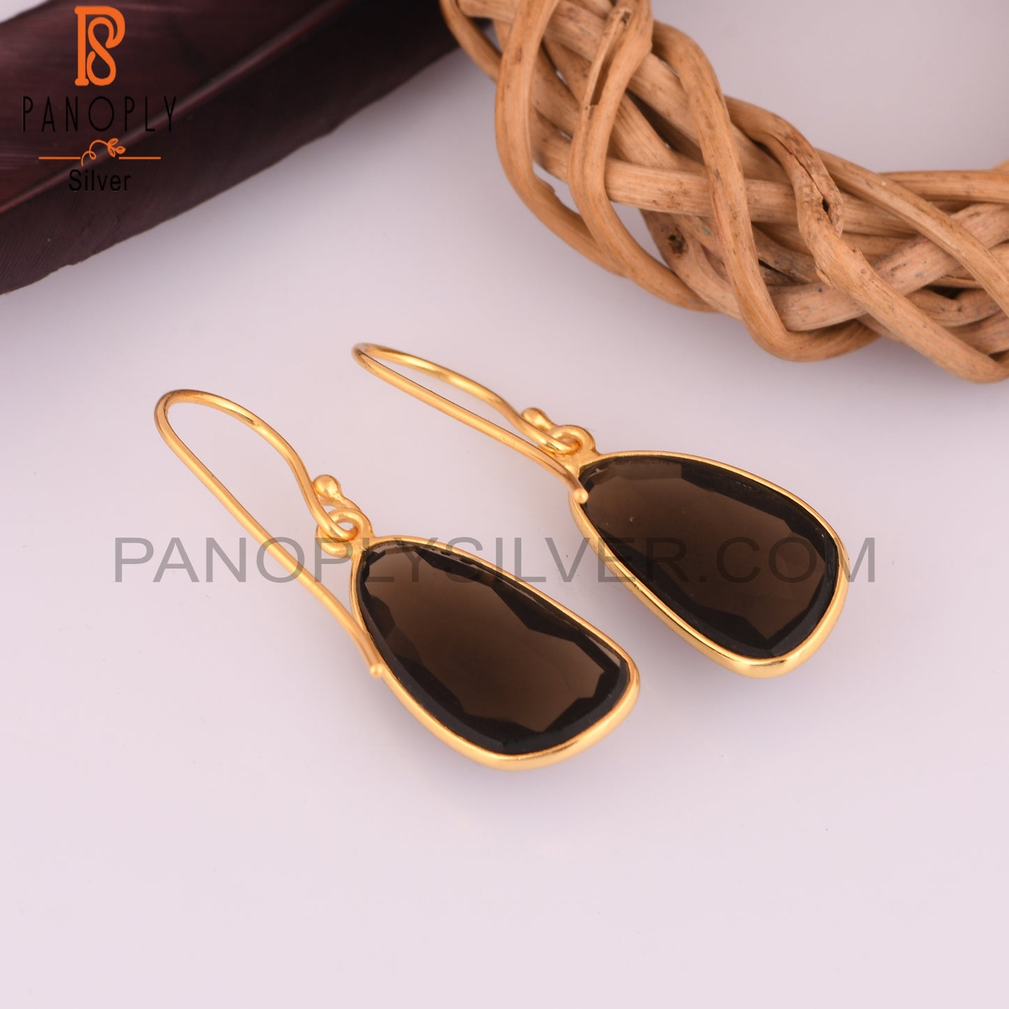 Natural Smoky Quartz Hook Earrings With Gold Plated Jewelry