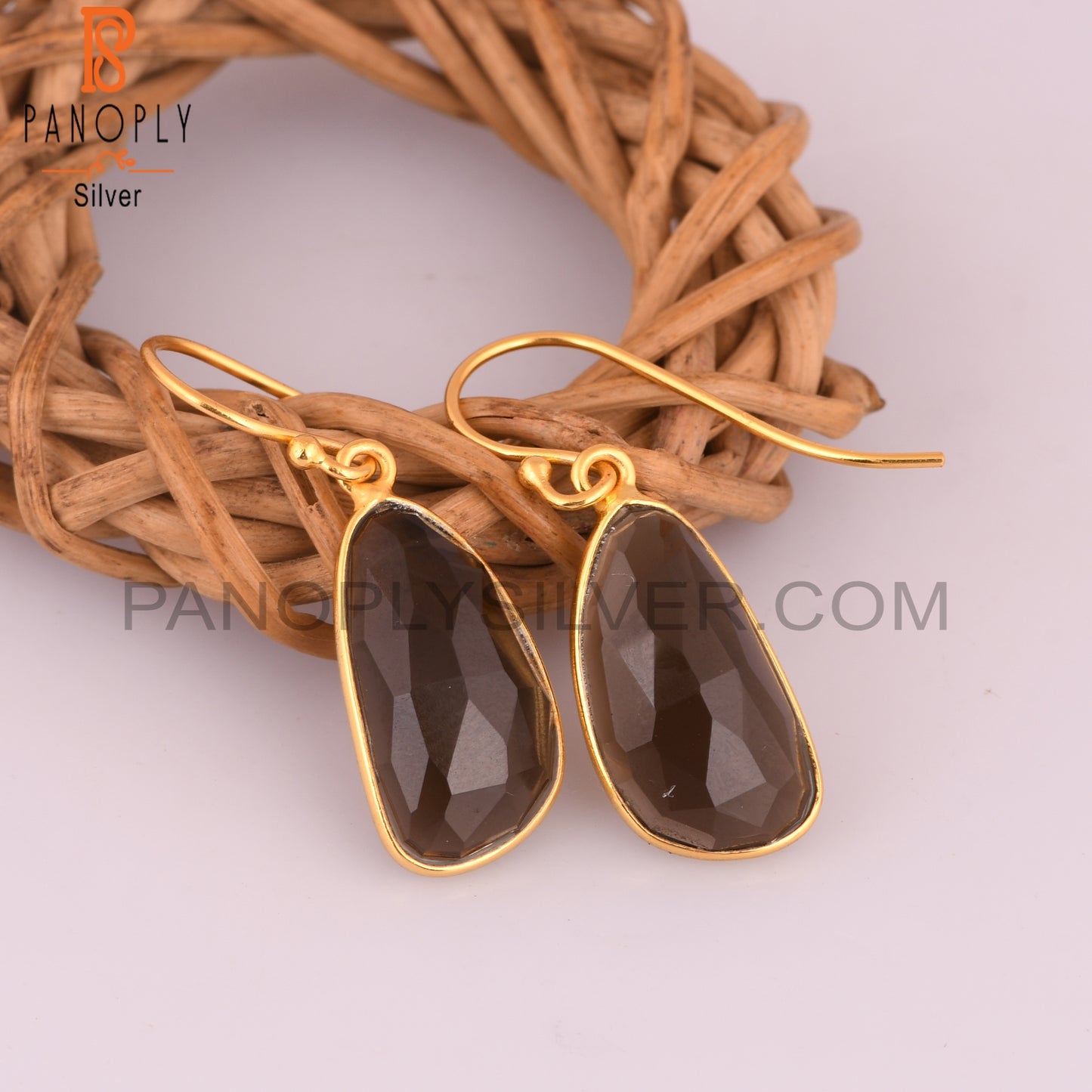 Natural Smoky Quartz Hook Earrings With Gold Plated Jewelry