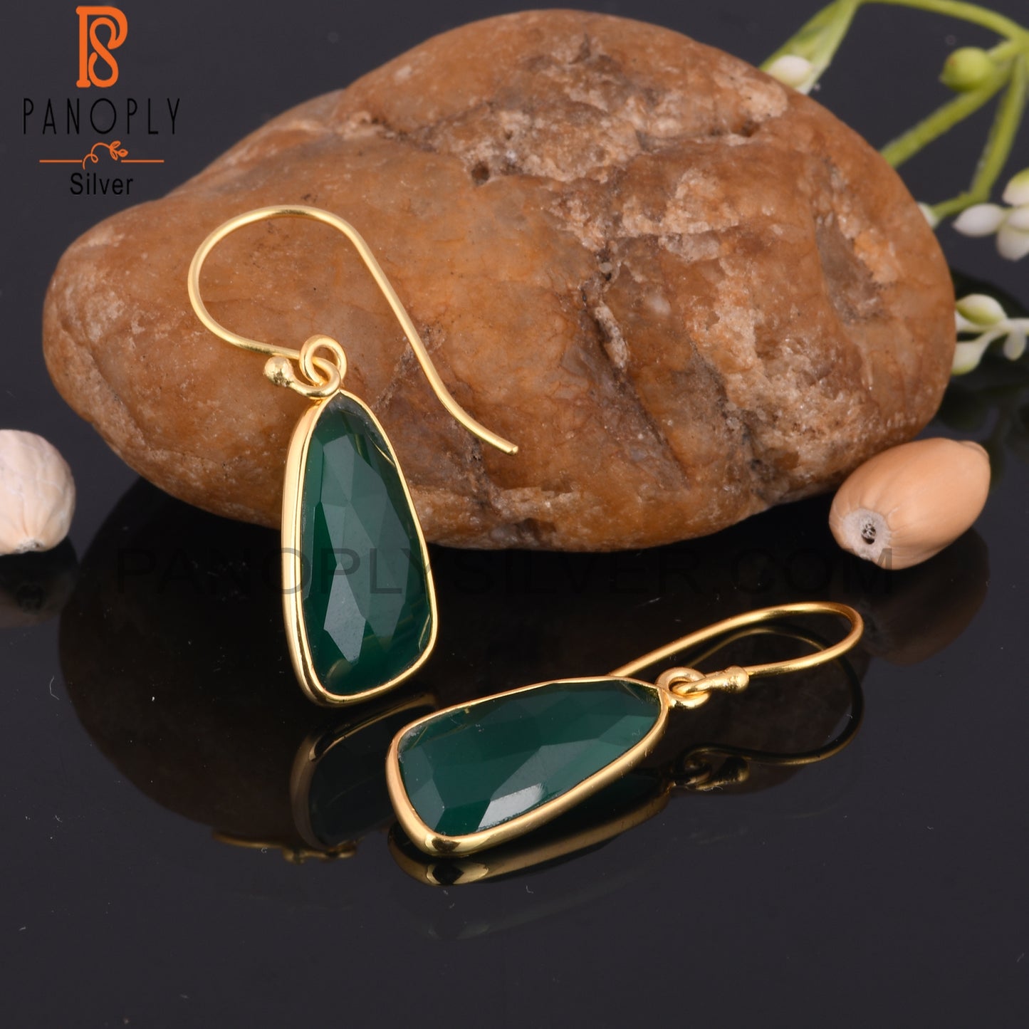 Green Onyx 18K Gold Plated Rough Row Earrings