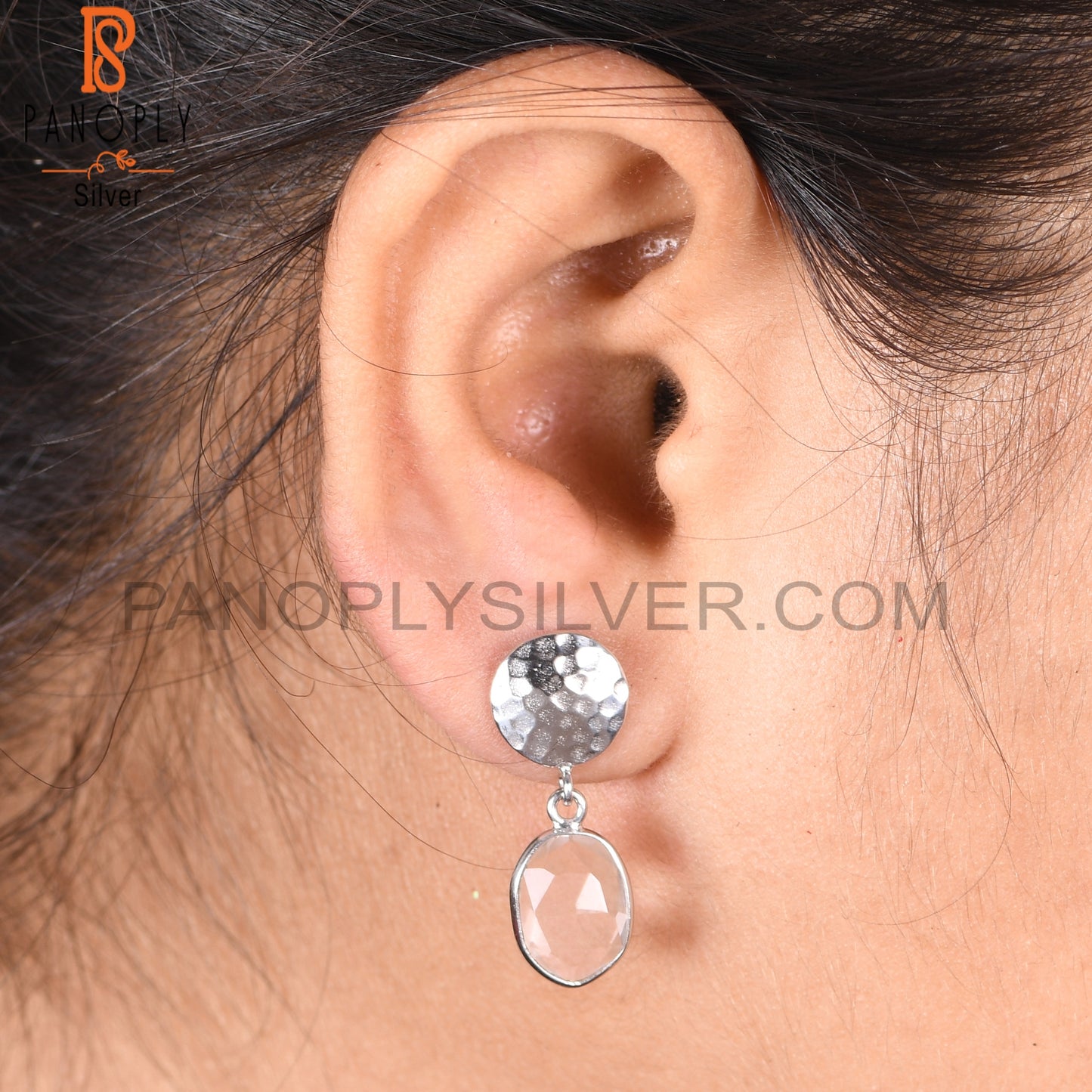 925 Crystal Quartz Hammered Disc Earrings
