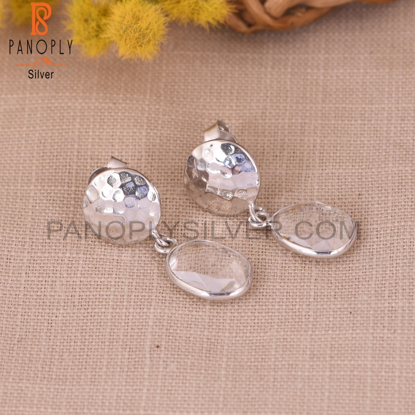 925 Crystal Quartz Hammered Disc Earrings