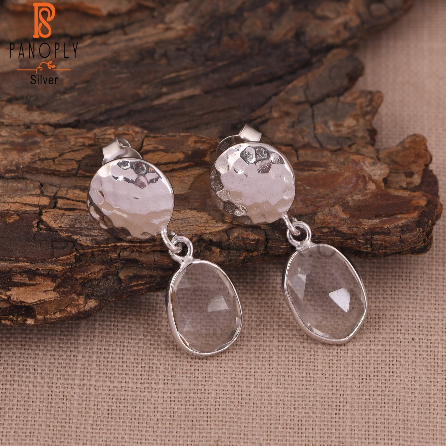925 Crystal Quartz Hammered Disc Earrings