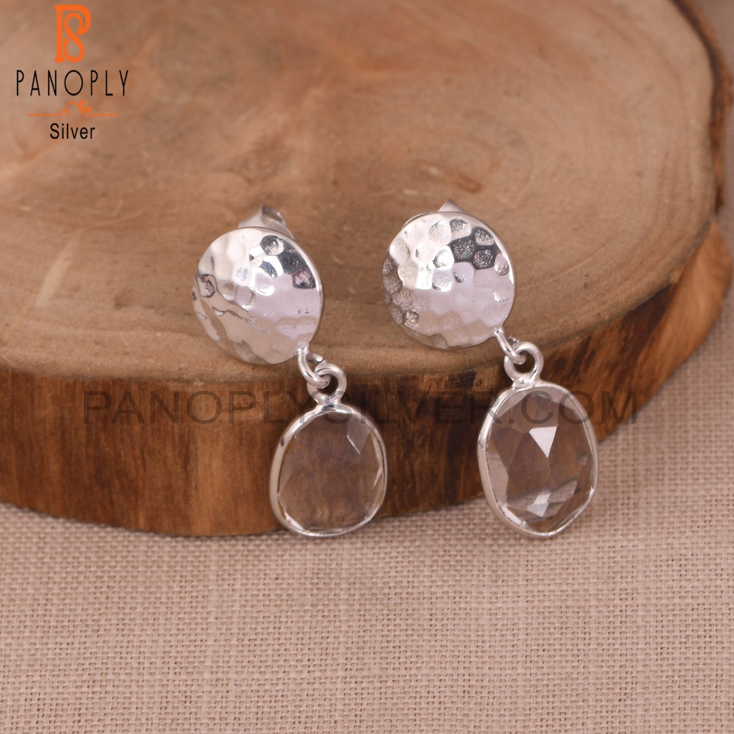 925 Crystal Quartz Hammered Disc Earrings
