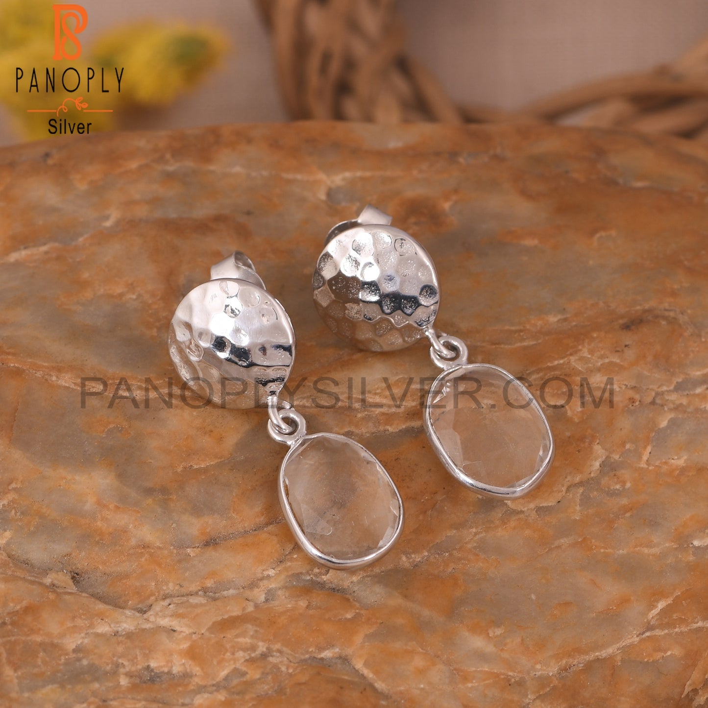 925 Crystal Quartz Hammered Disc Earrings