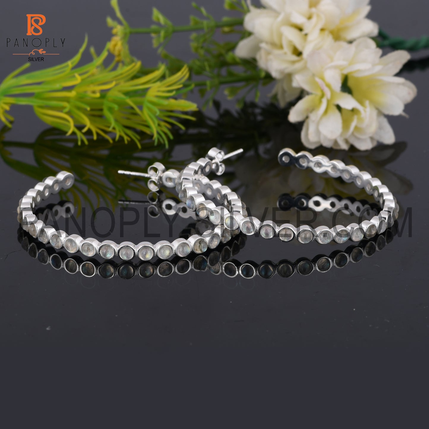 Labradorite 925 Silver Gray Stone Wedding Hoop Earrings