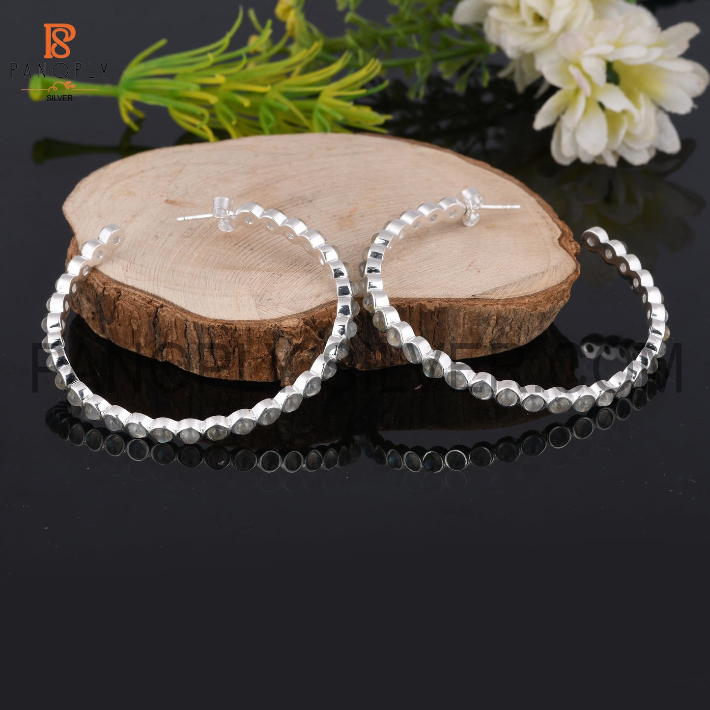 Labradorite 925 Silver Gray Stone Wedding Hoop Earrings