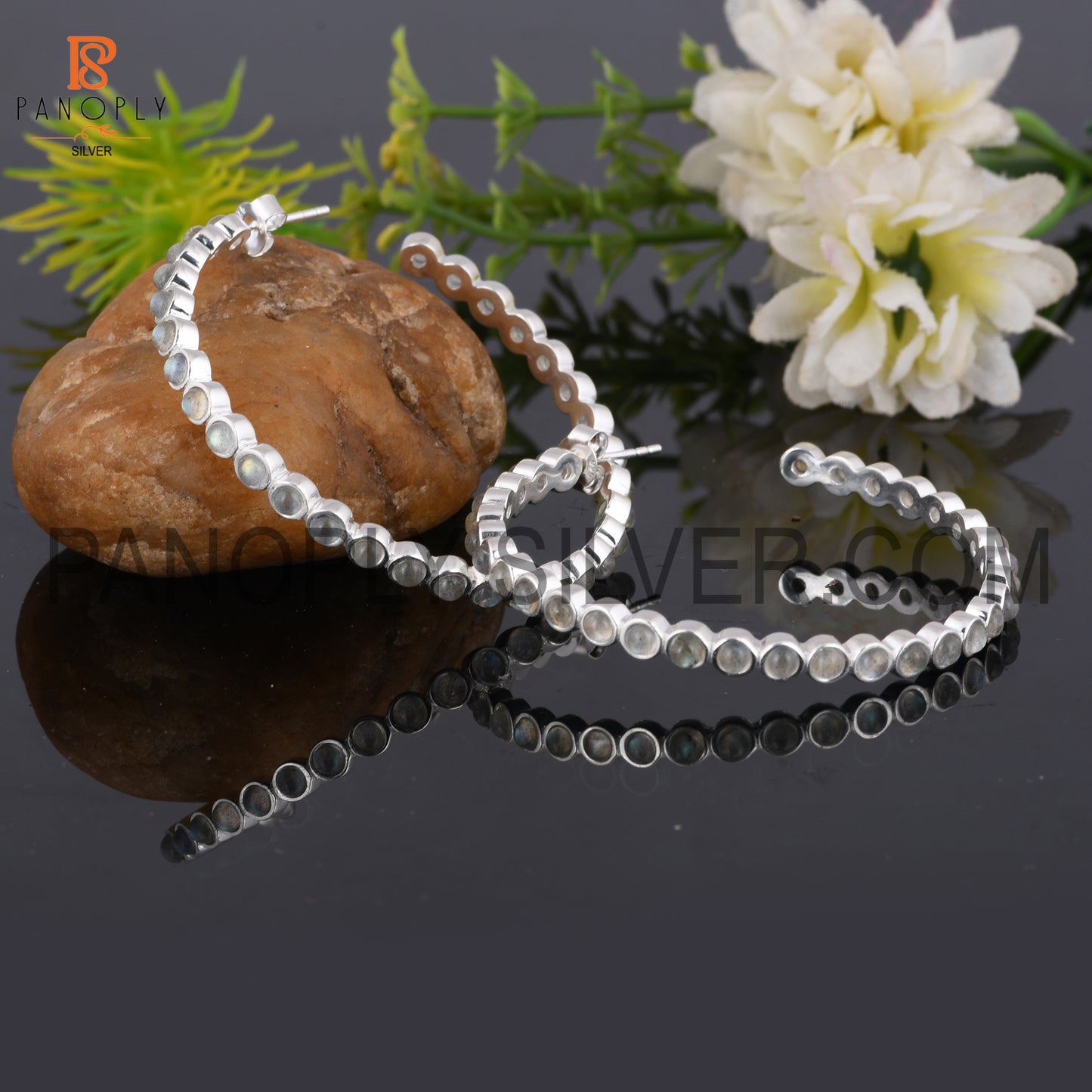 Labradorite 925 Silver Gray Stone Wedding Hoop Earrings