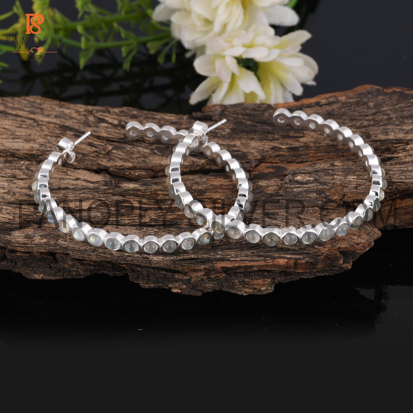 Labradorite 925 Silver Gray Stone Wedding Hoop Earrings
