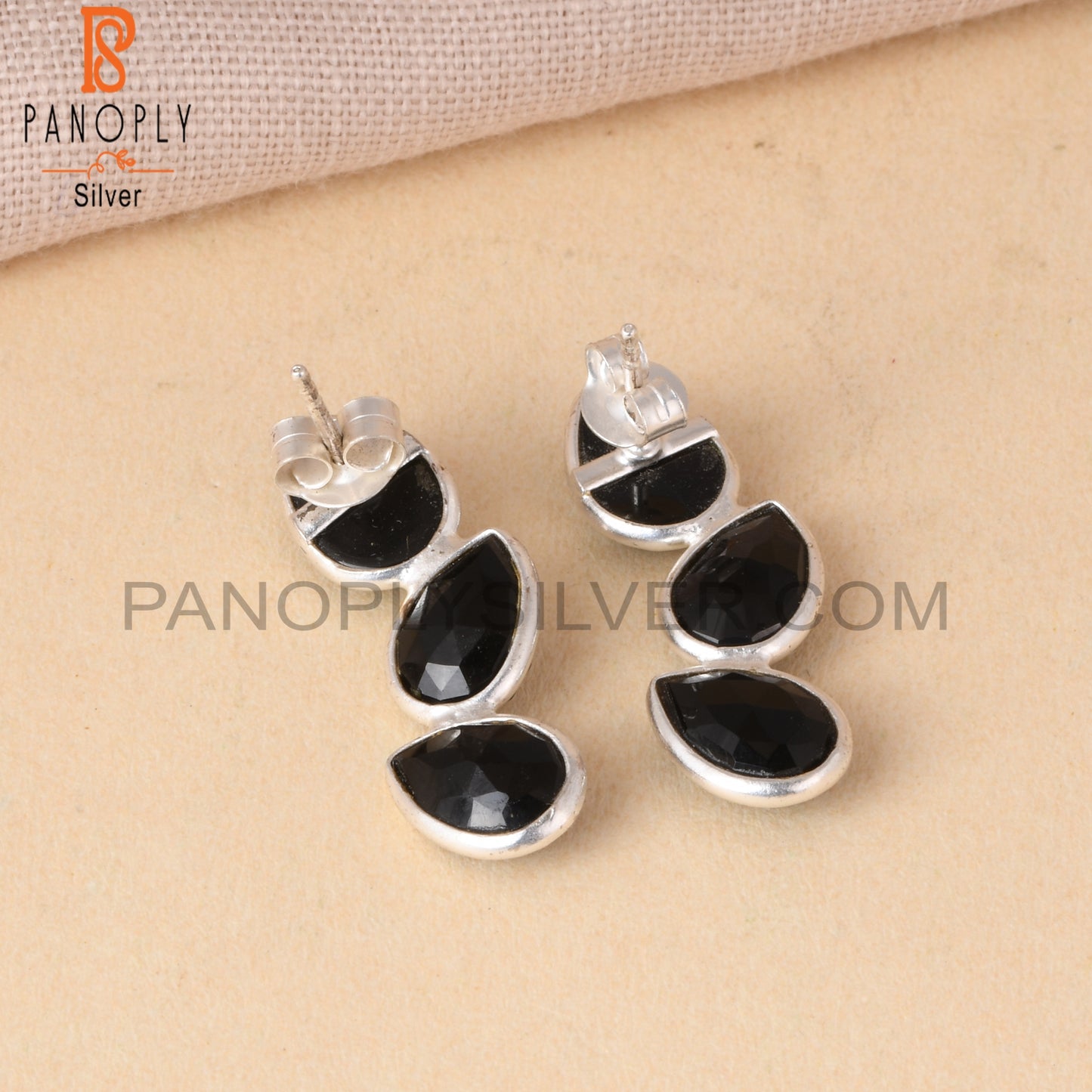 Cenuine Black Onyx Briolette Cut 3 Stone Earrings
