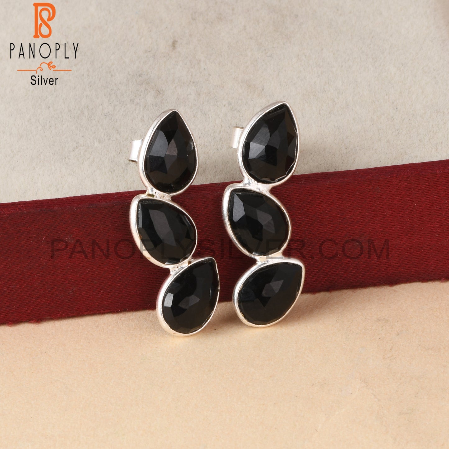 Cenuine Black Onyx Briolette Cut 3 Stone Earrings