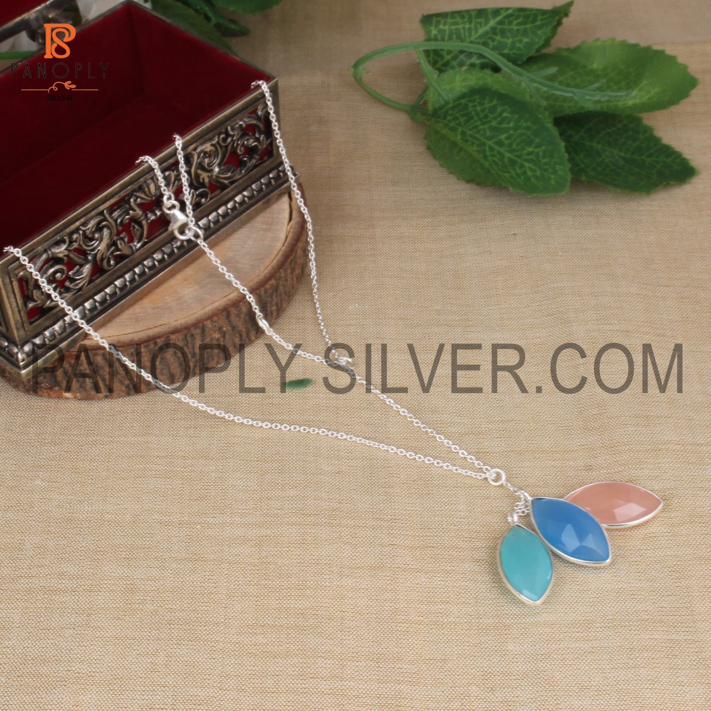 Marquise Shape Three Gem Pendant 925 Silver Lobster Lock Necklaces