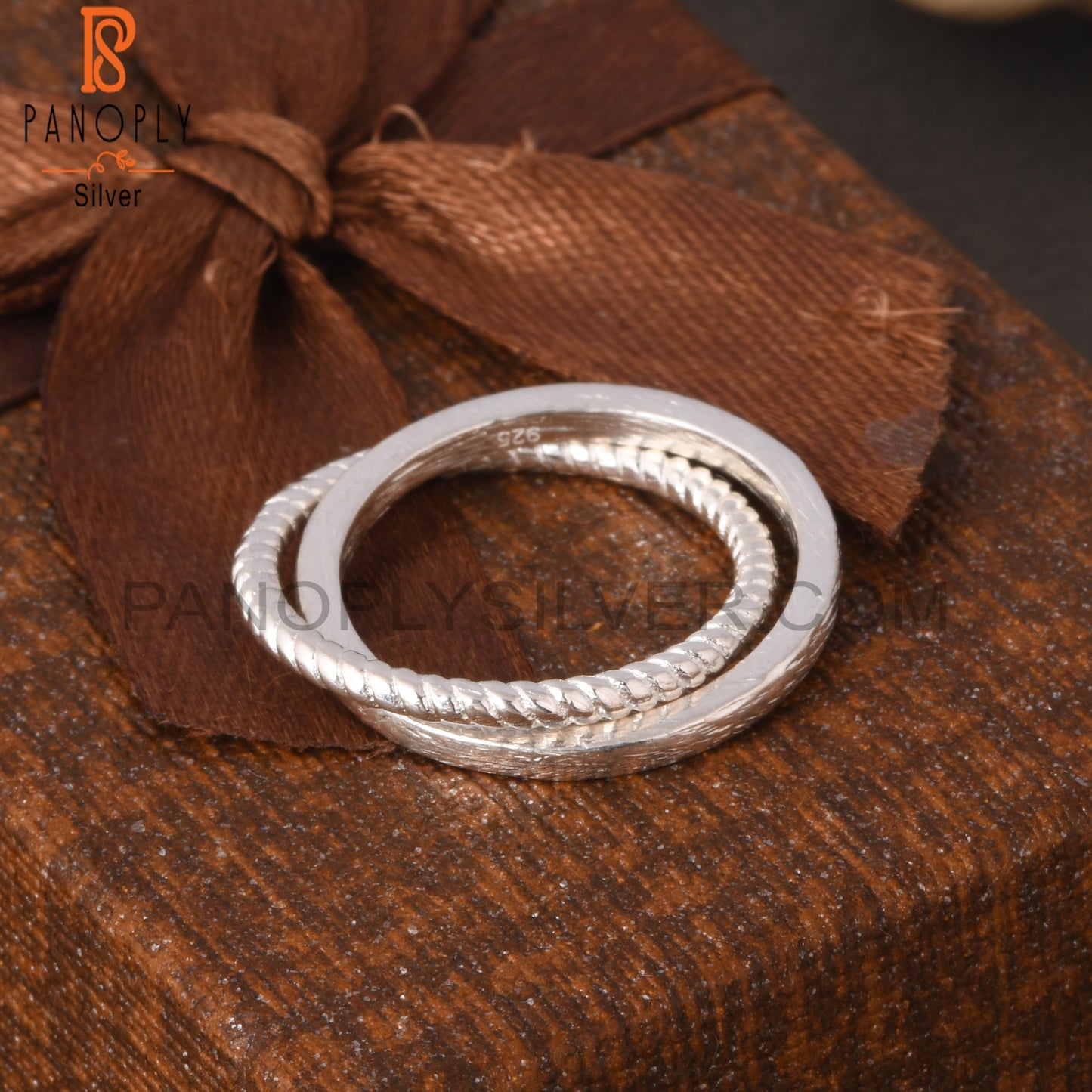 925 Sterling Silver Two Twist & Simple Link Band Ring