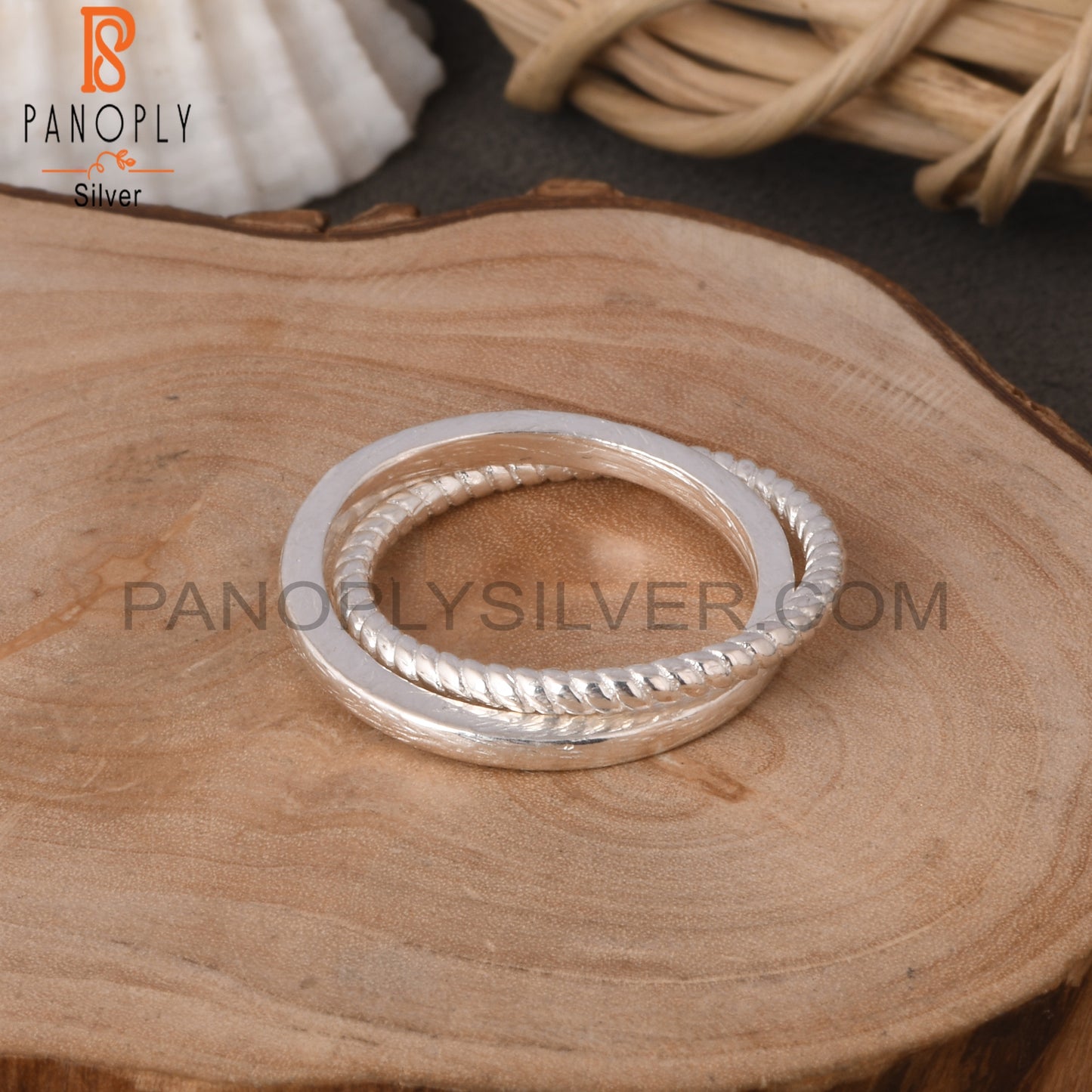 925 Sterling Silver Two Twist & Simple Link Band Ring