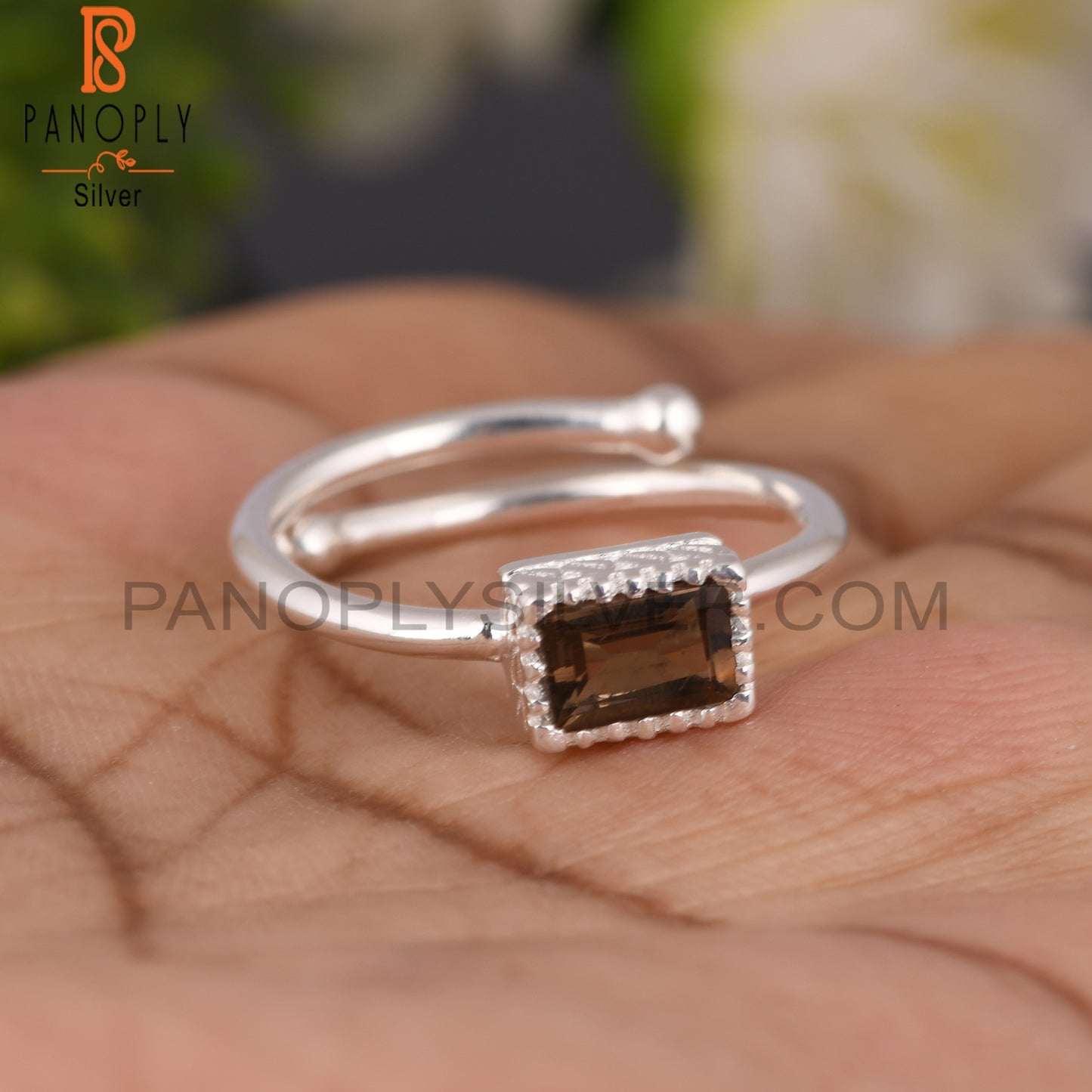 Smoky Beguette Shape 925 Sterling Silver Ring