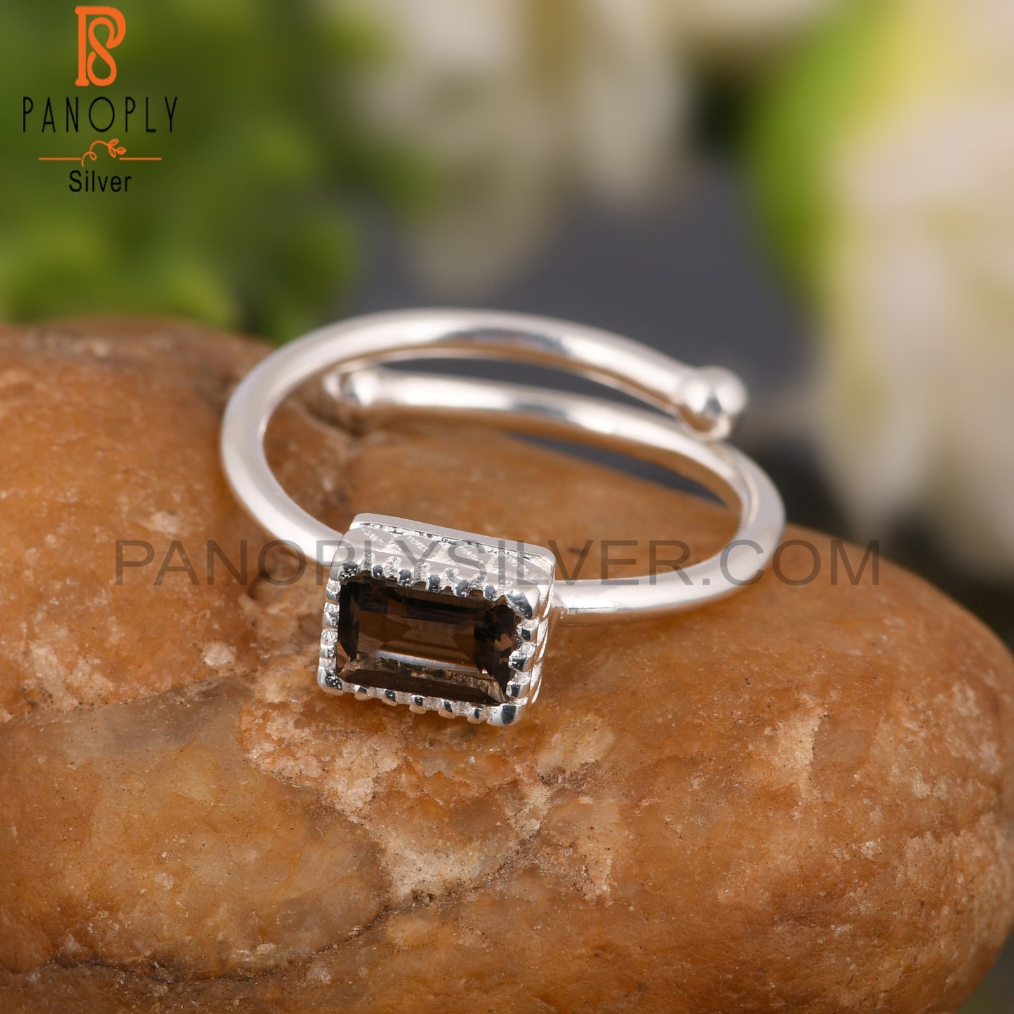 Smoky Beguette Shape 925 Sterling Silver Ring