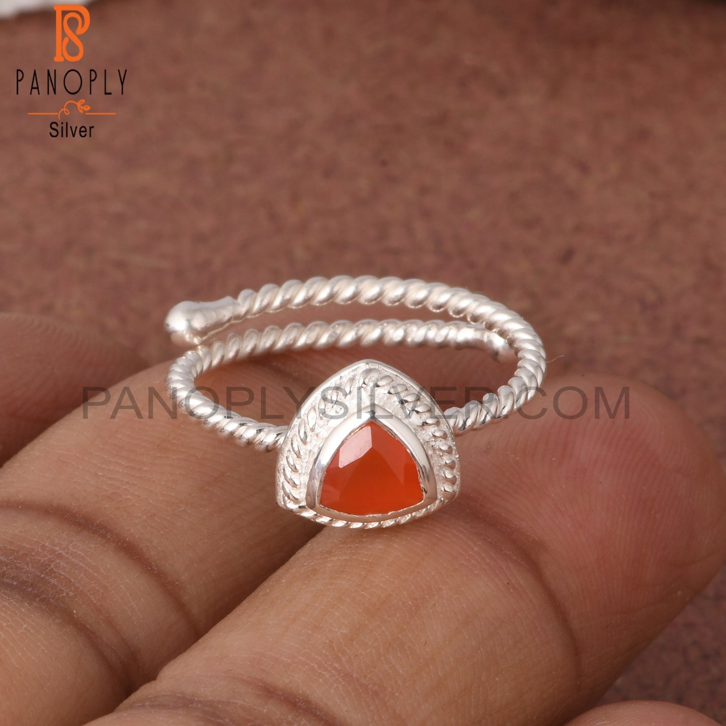 Twist Adjustable Carnelian Trillion 925 Sterling Silver Ring