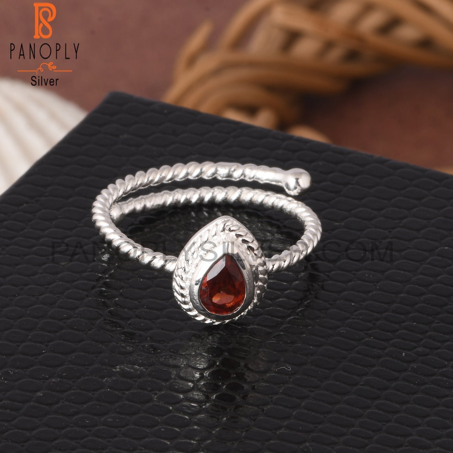 Twist Band Garnet Pear Shape 925 Sterling Silver Ring