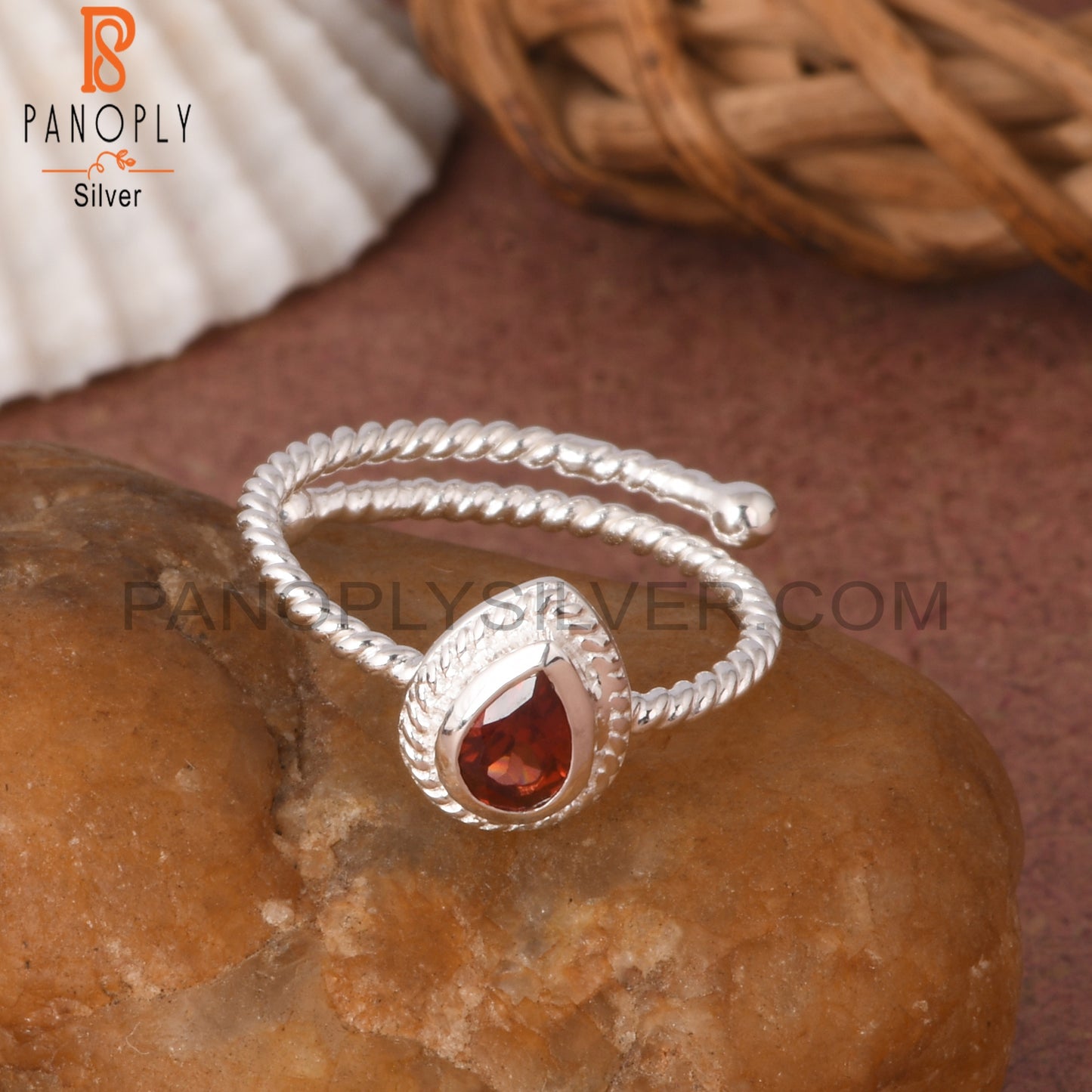 Twist Band Garnet Pear Shape 925 Sterling Silver Ring