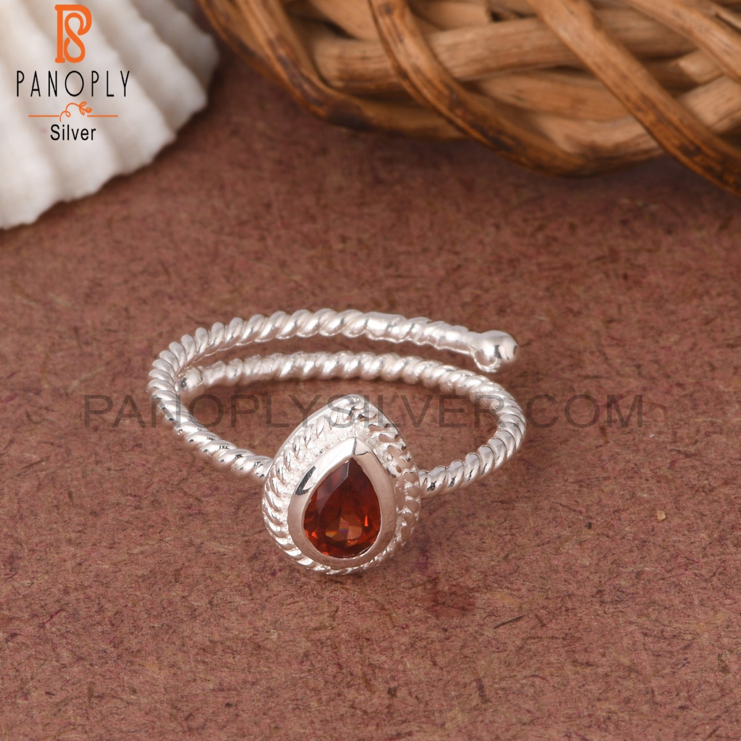 Twist Band Garnet Pear Shape 925 Sterling Silver Ring
