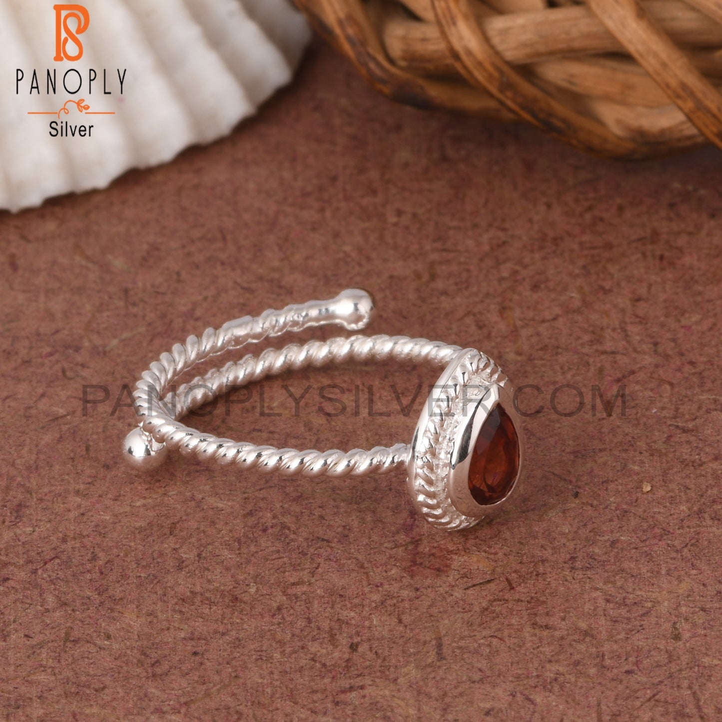 Twist Band Garnet Pear Shape 925 Sterling Silver Ring