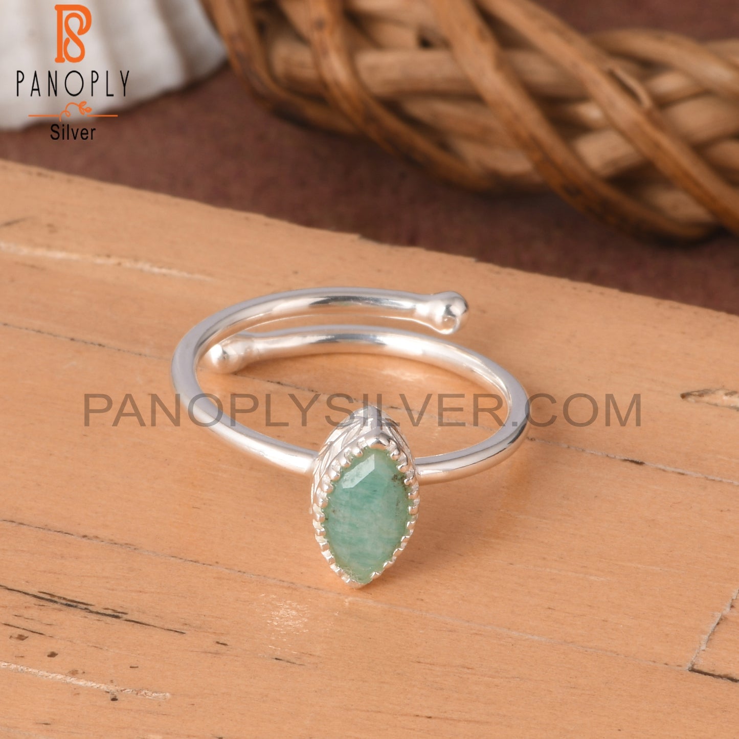 Adjustable Amazonite Marquise Shape 925 Sterling Silver Ring