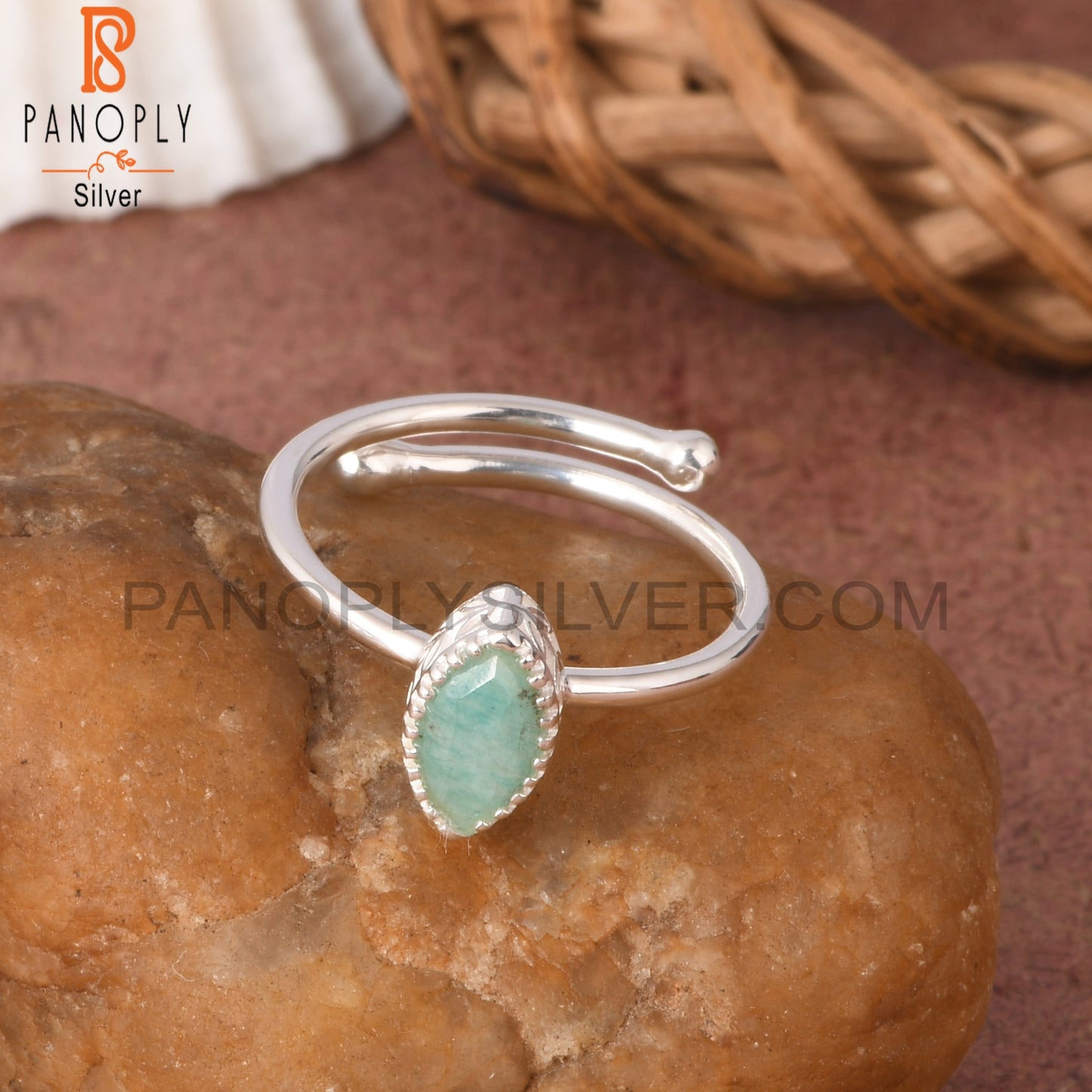 Adjustable Amazonite Marquise Shape 925 Sterling Silver Ring