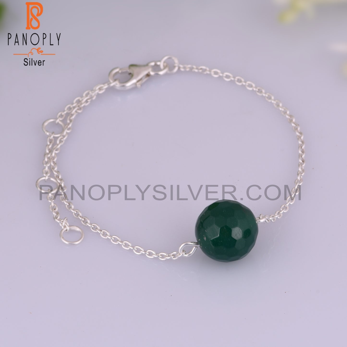 Green Onyx Round Shape 925 Sterling Silver Bracelet