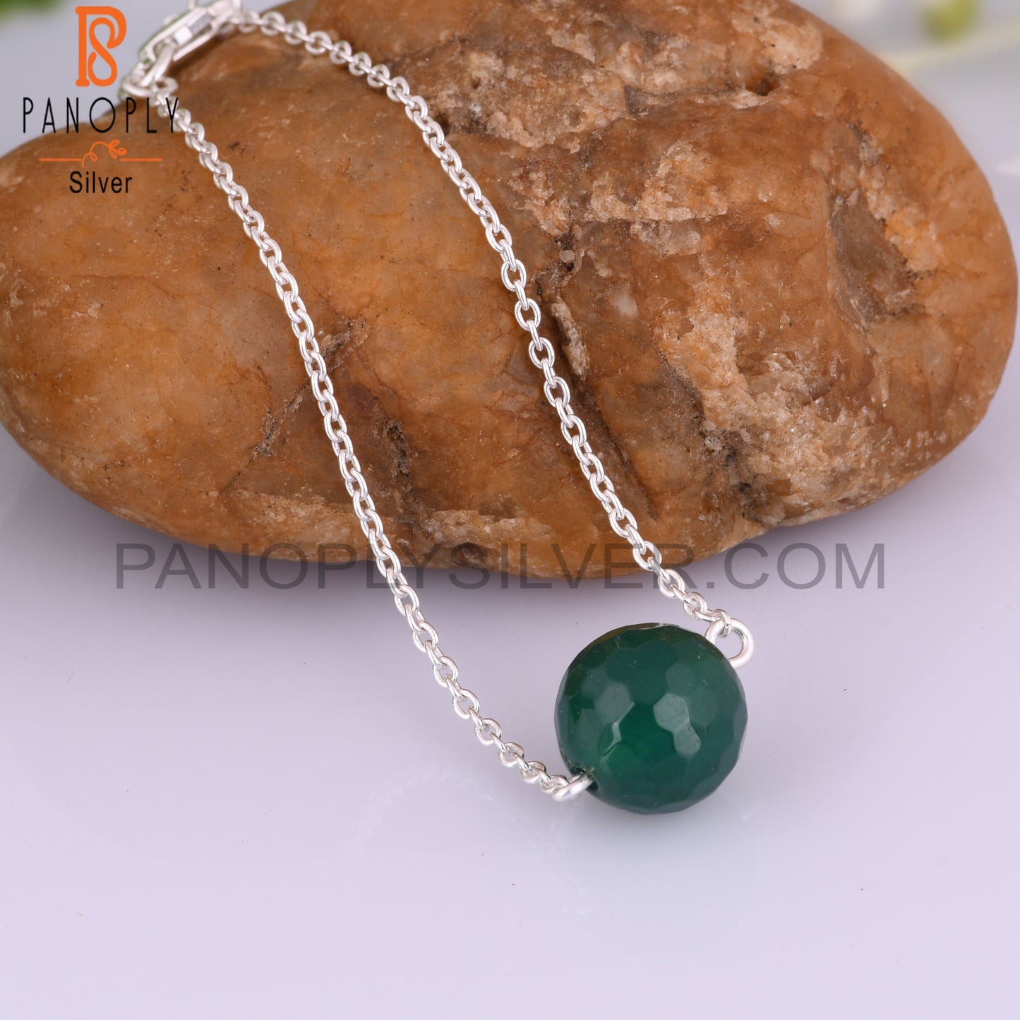 Green Onyx Round Shape 925 Sterling Silver Bracelet