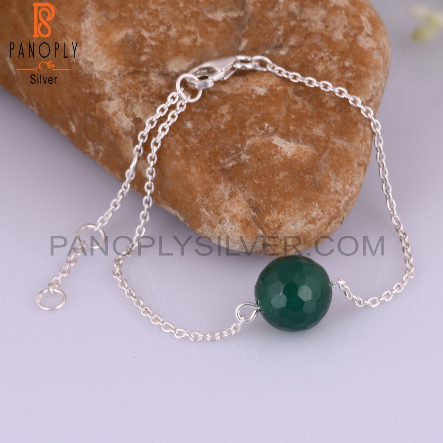 Green Onyx Round Shape 925 Sterling Silver Bracelet