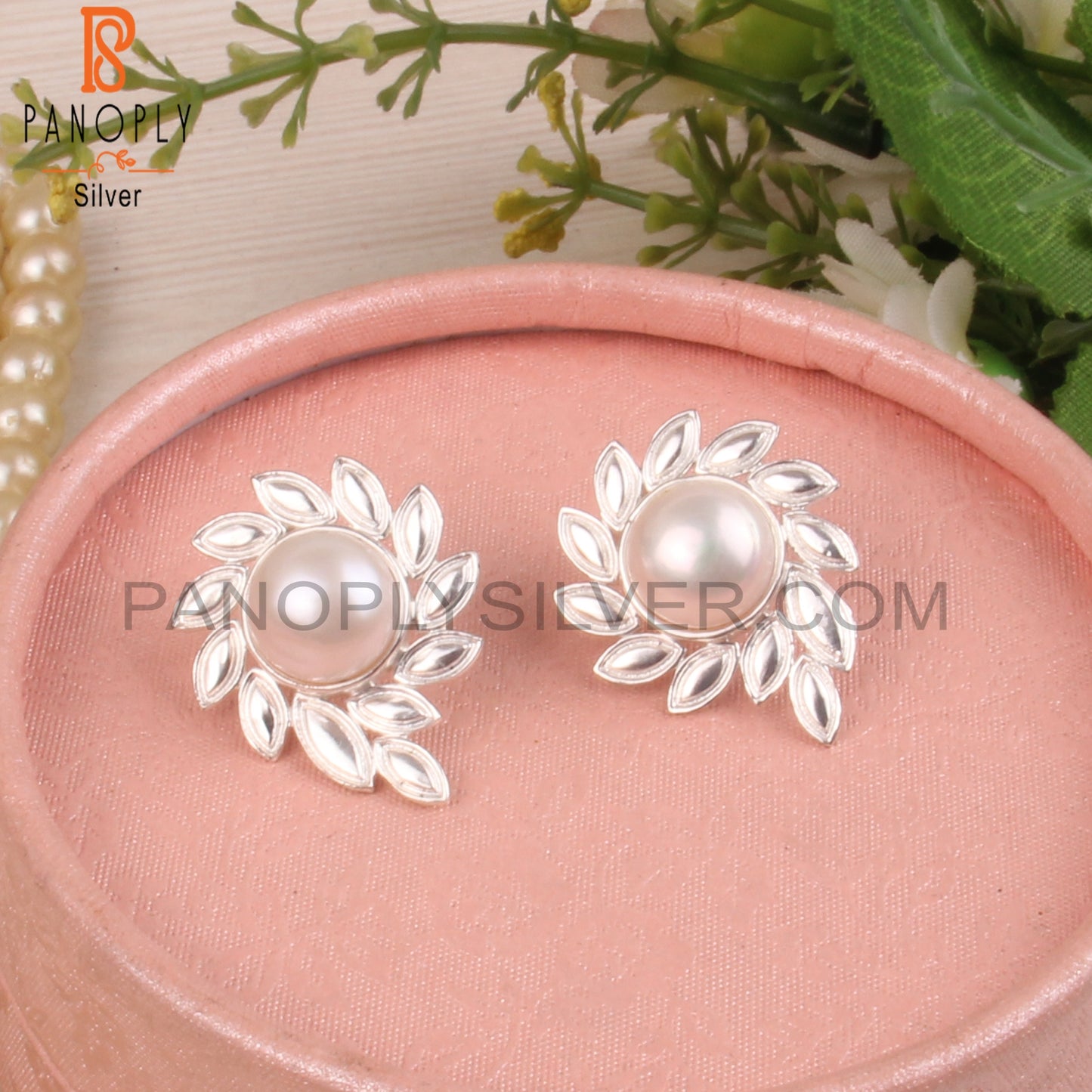 Pearl Round 925 Sterling Silver Studs Earrings