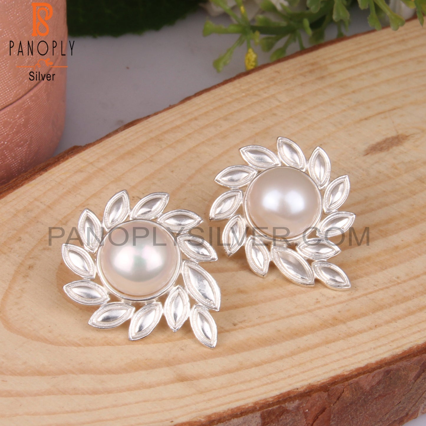 Pearl Round 925 Sterling Silver Studs Earrings