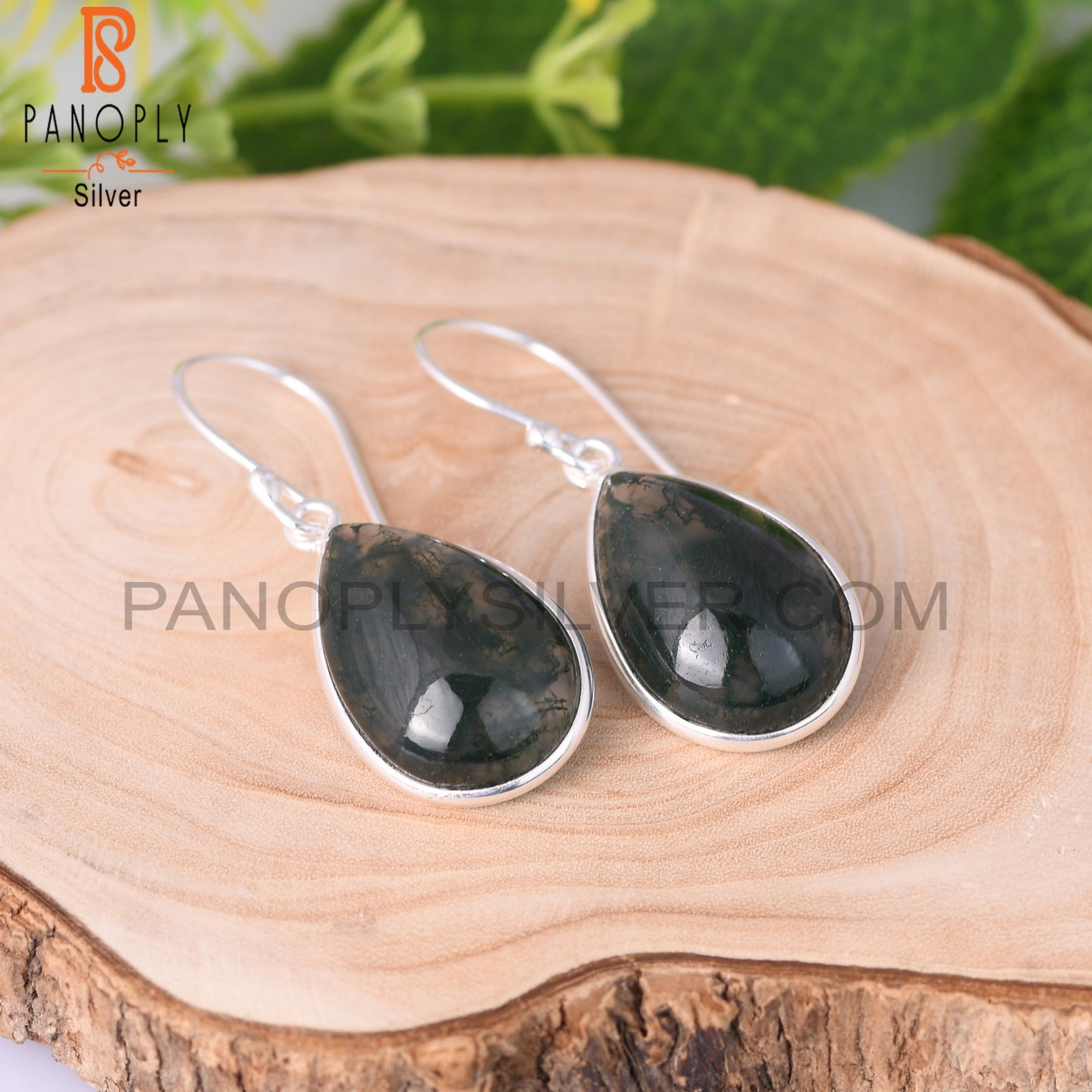 Moss Agate Pear Shape 925 Sterling Silver Dangle Earrings