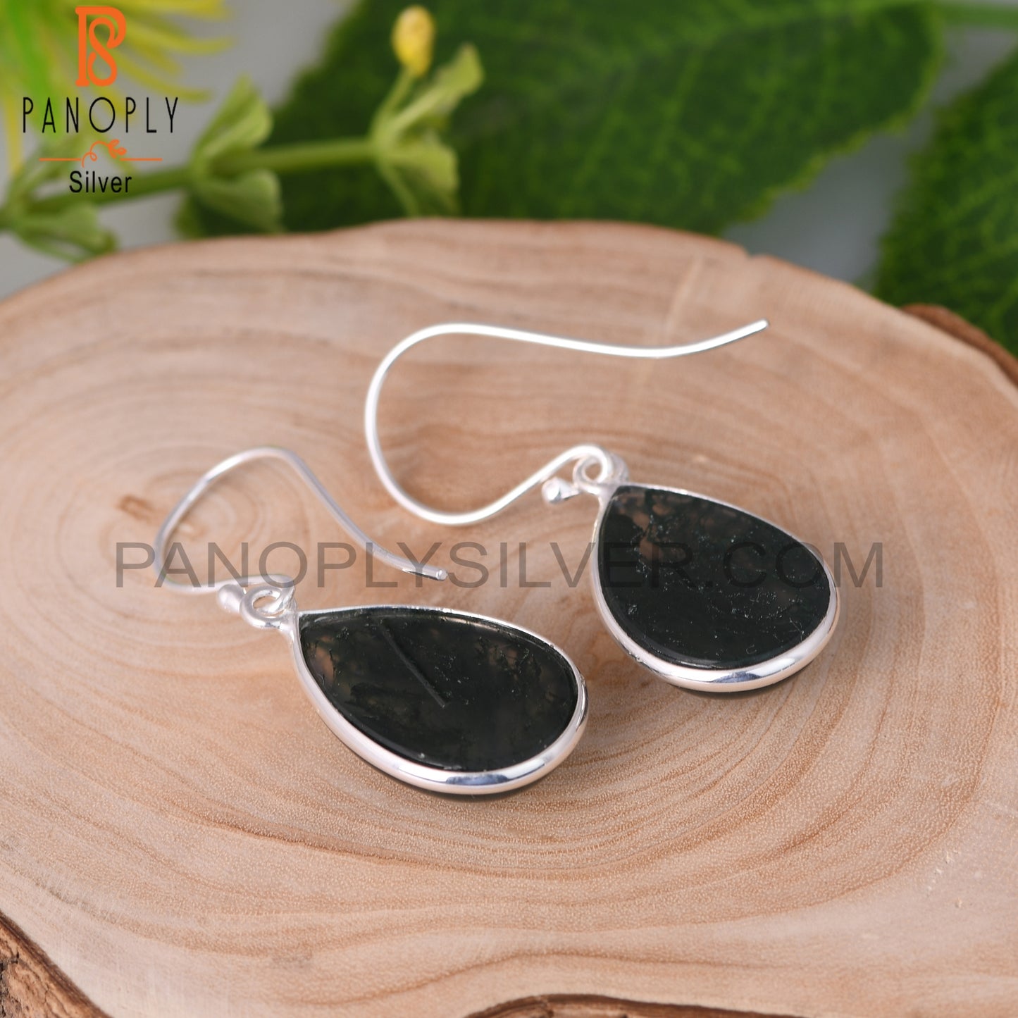 Moss Agate Pear Shape 925 Sterling Silver Dangle Earrings