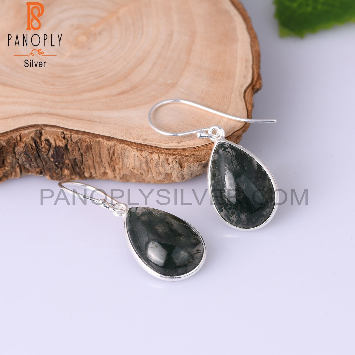 Moss Agate Pear Shape 925 Sterling Silver Dangle Earrings