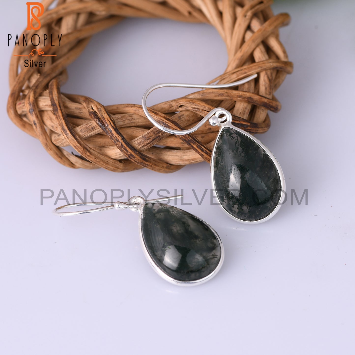 Moss Agate Pear Shape 925 Sterling Silver Dangle Earrings