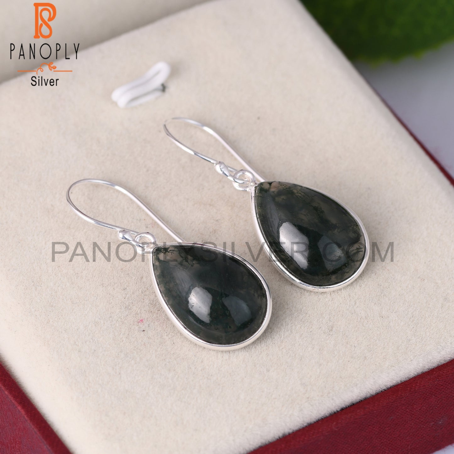 Moss Agate Pear Shape 925 Sterling Silver Dangle Earrings