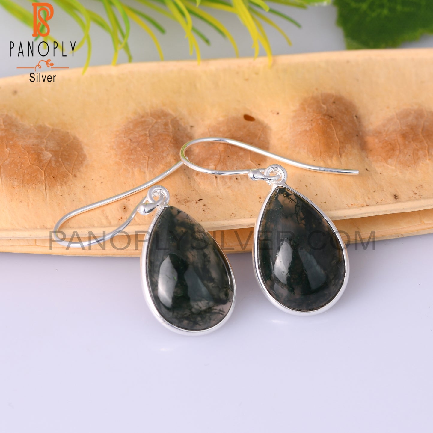 Moss Agate Pear Shape 925 Sterling Silver Dangle Earrings