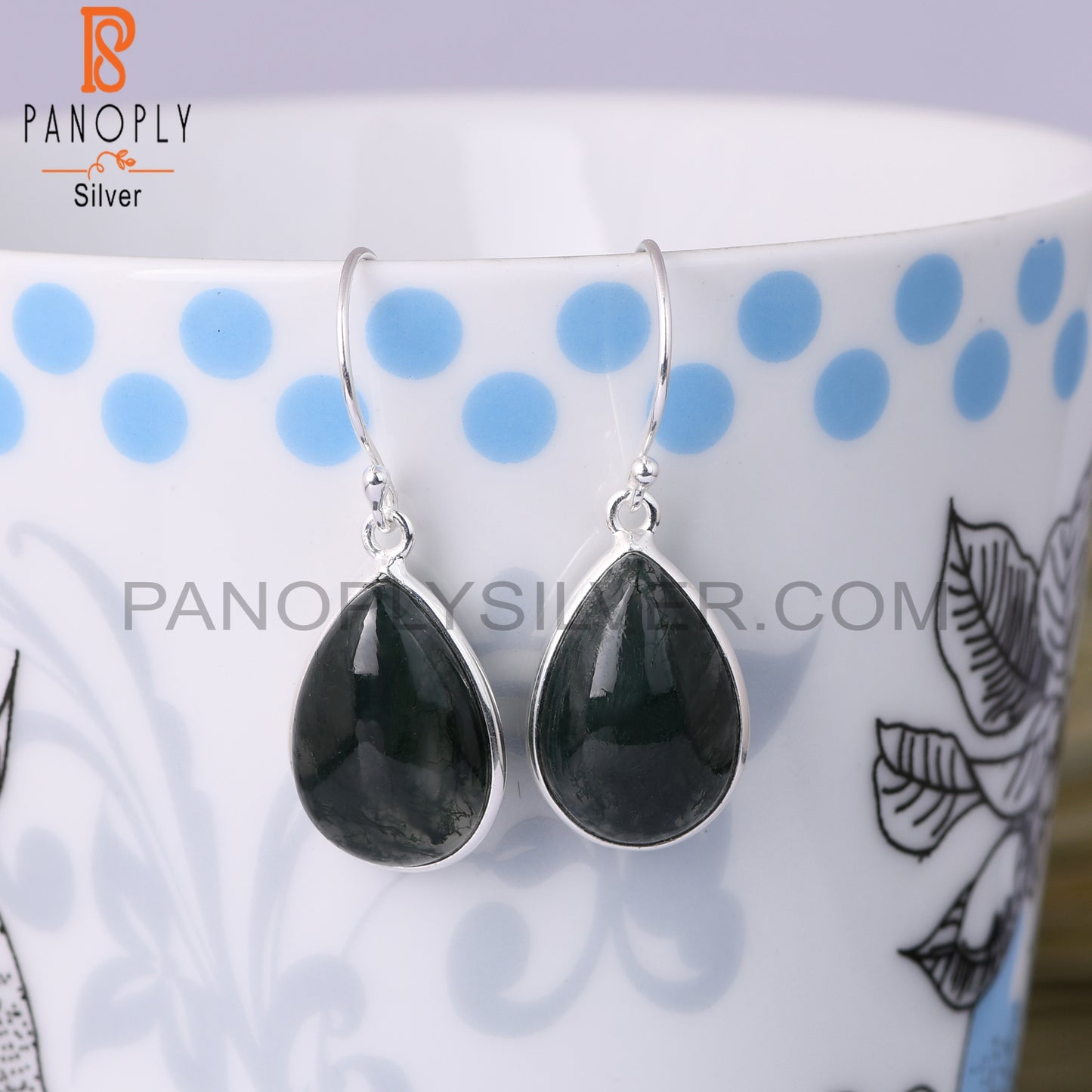 Moss Agate Pear Shape 925 Sterling Silver Dangle Earrings