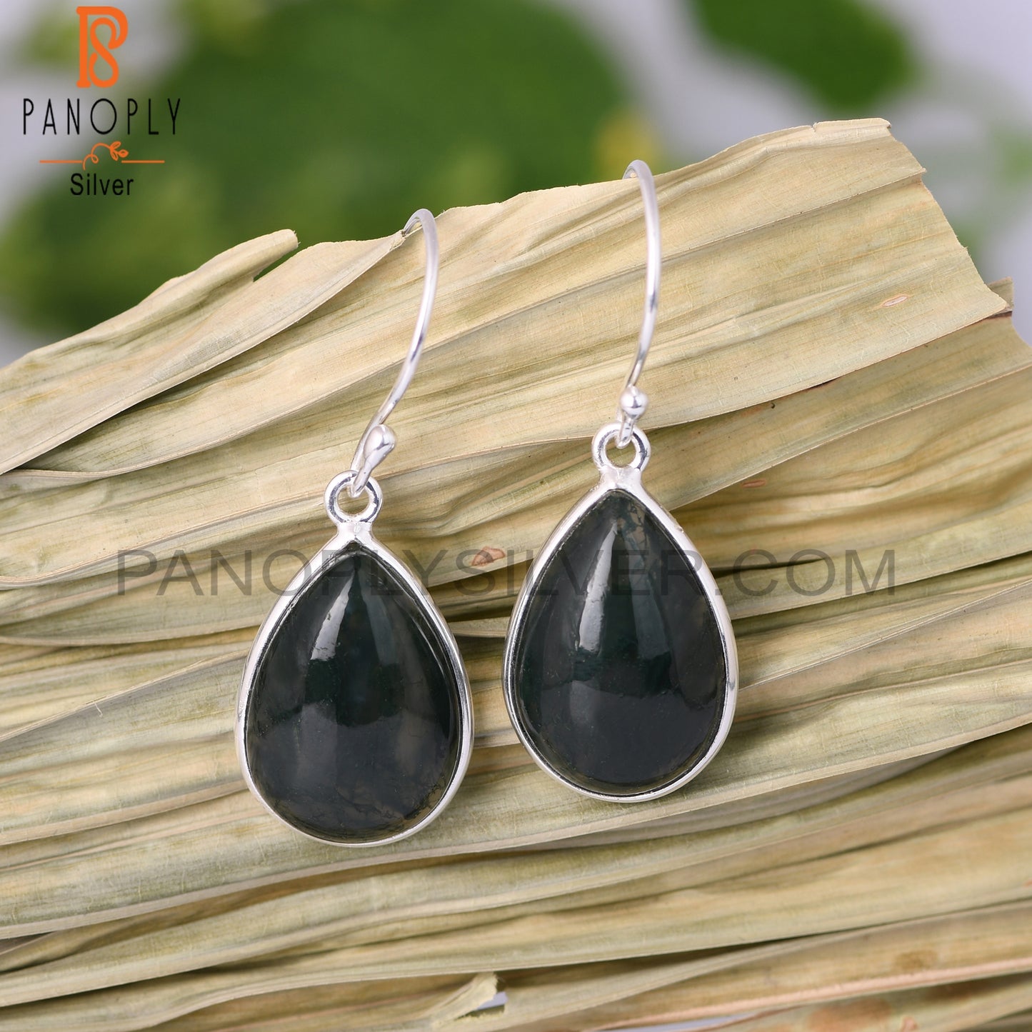 Moss Agate Pear Shape 925 Sterling Silver Dangle Earrings