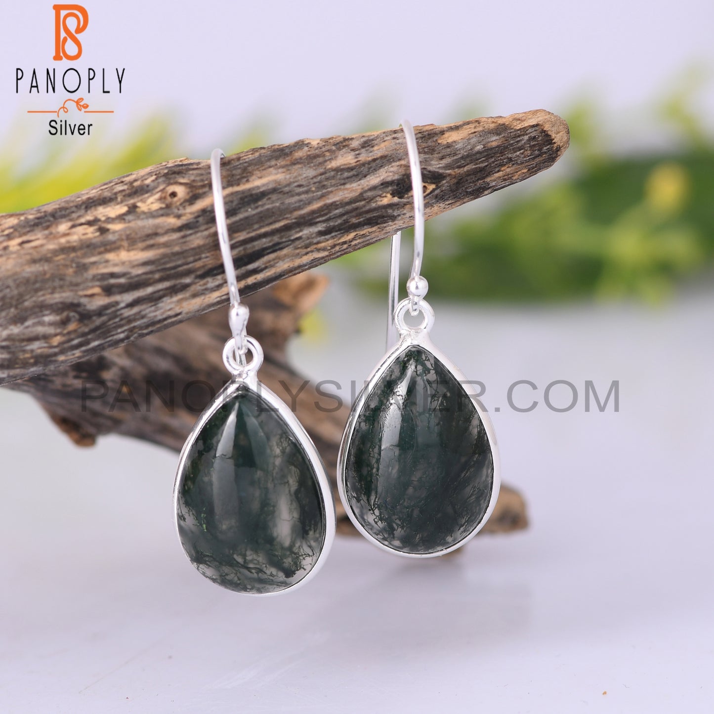 Moss Agate Pear Shape 925 Sterling Silver Dangle Earrings