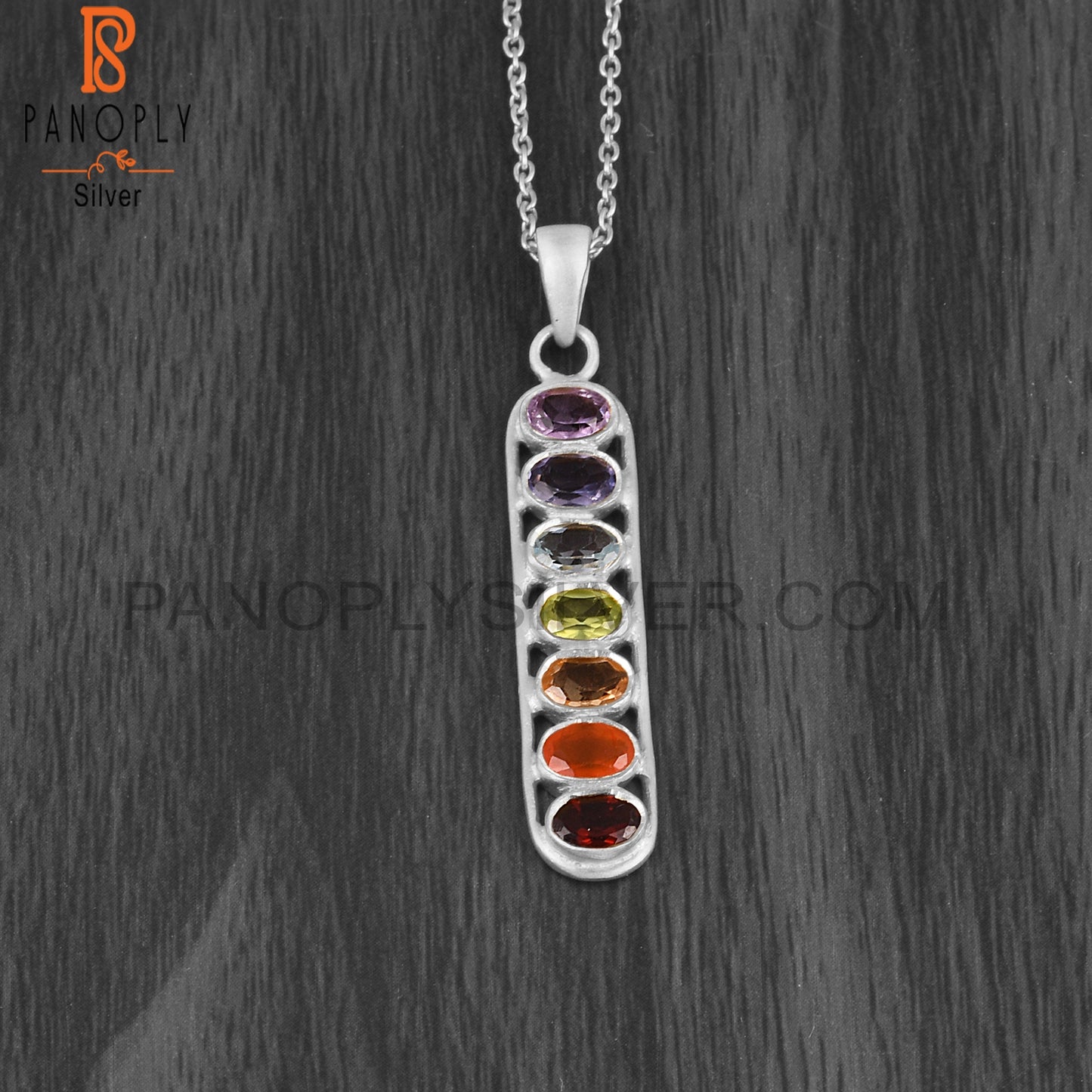 Multi Stone 925 Silver Bar Pendant Necklace