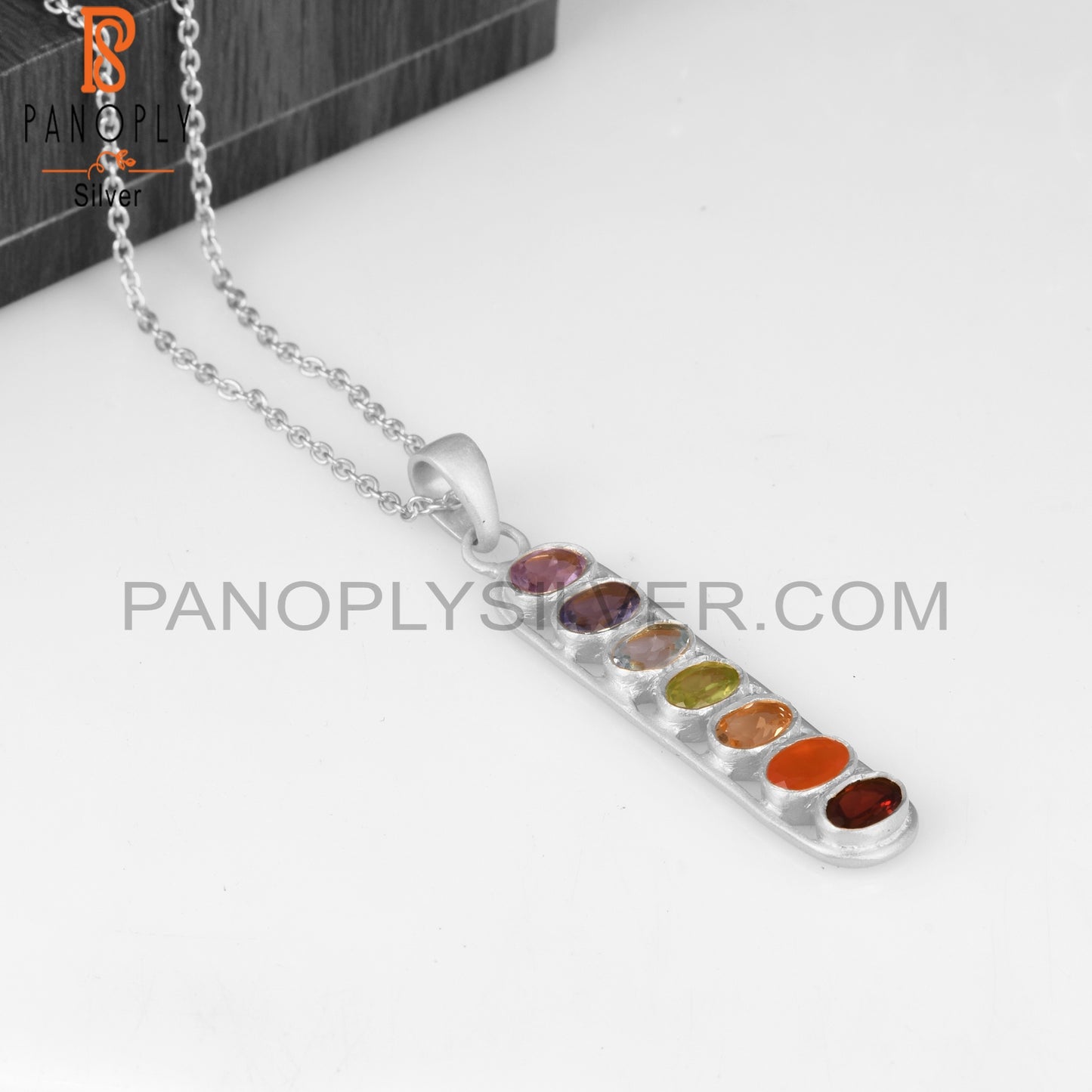 Multi Stone 925 Silver Bar Pendant Necklace