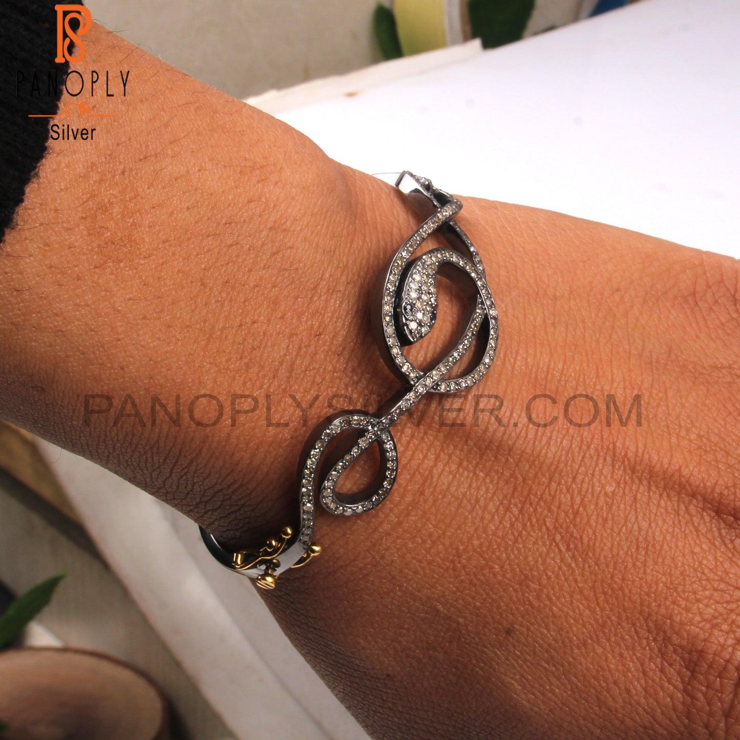 Diamond & Blue Sapphire 925 Sterling Silver Snake Bangle