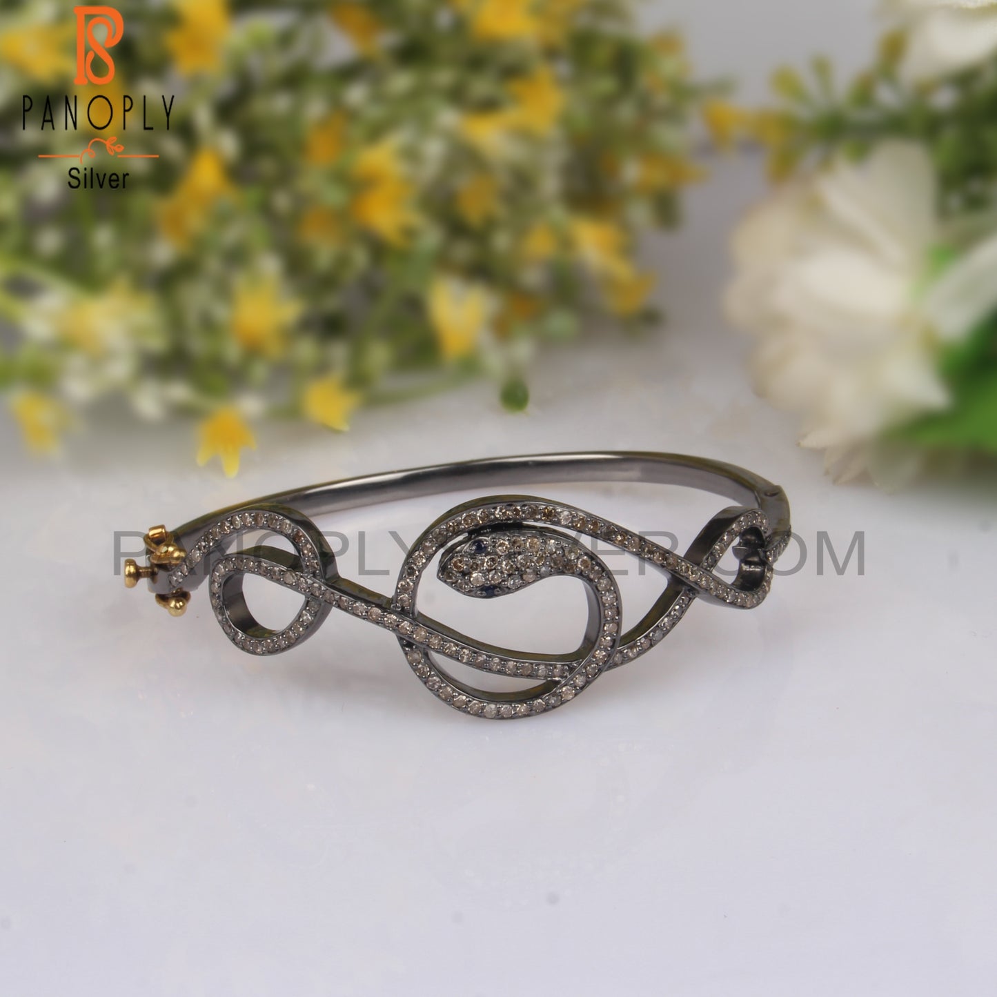 Diamond & Blue Sapphire 925 Sterling Silver Snake Bangle