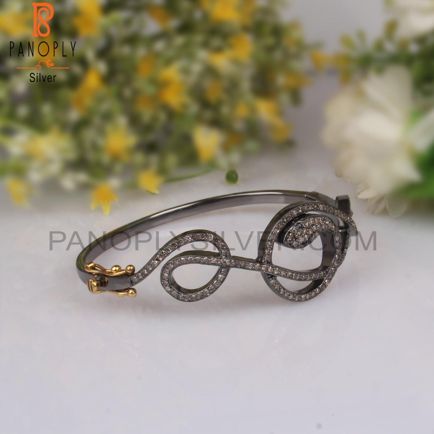 Diamond & Blue Sapphire 925 Sterling Silver Snake Bangle